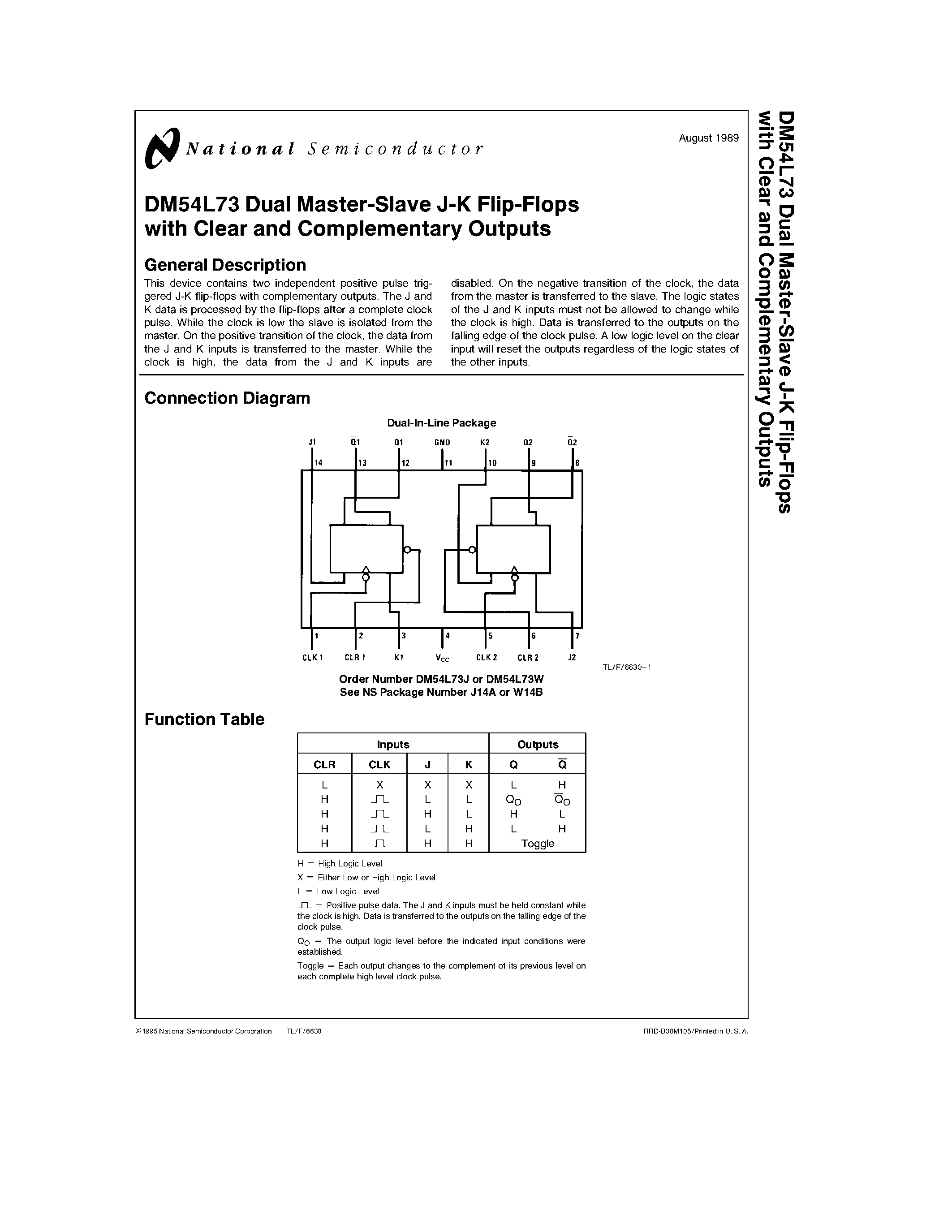 Datasheet DM54L73W page 1 Datasheet DM54L73W - Dual Master-Slave J-K Flip-Flops with Clear and Complementary Outputs page 1
