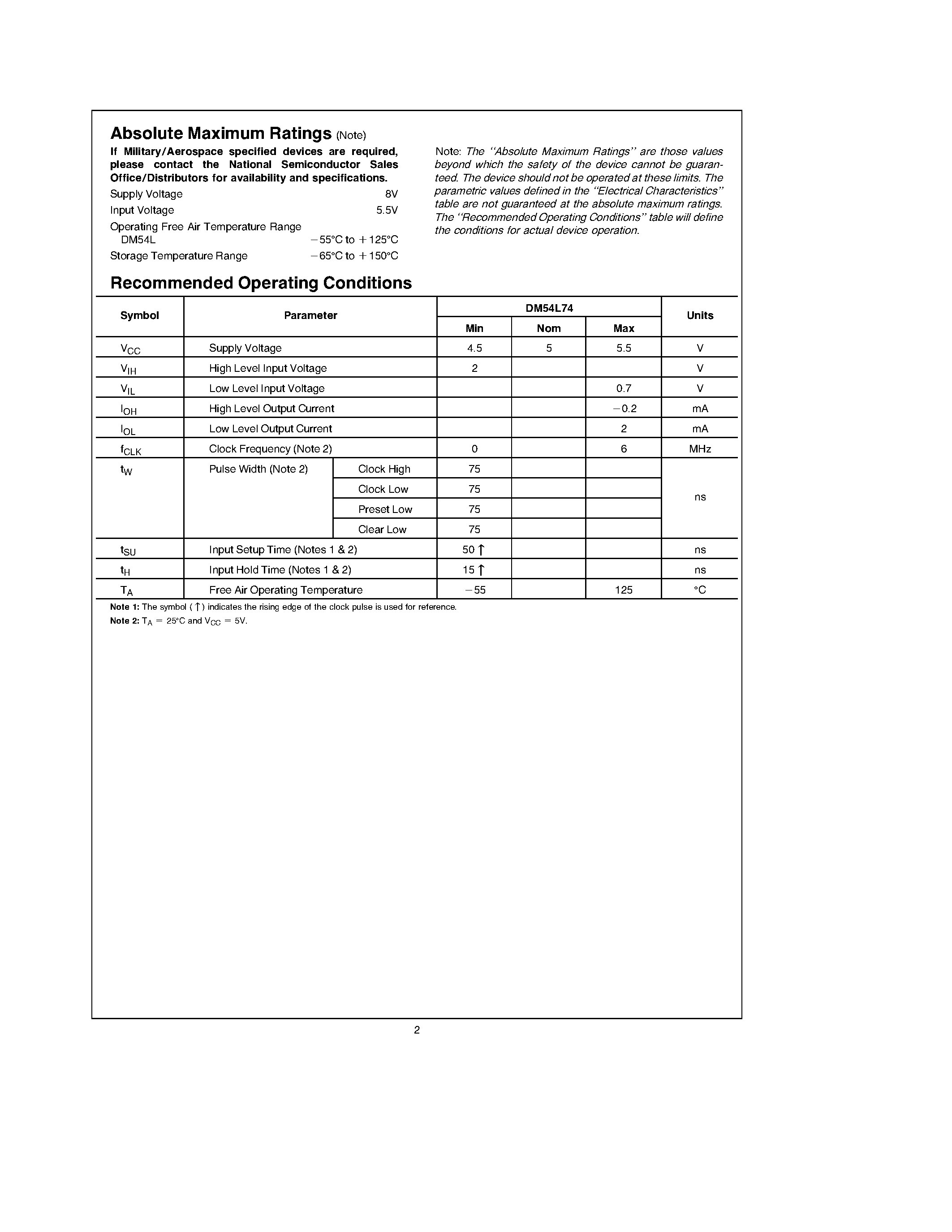 Datasheet DM54L74W page 2 Datasheet DM54L74W - Dual Positive-Edge-Triggered D Flip-Flops page 2