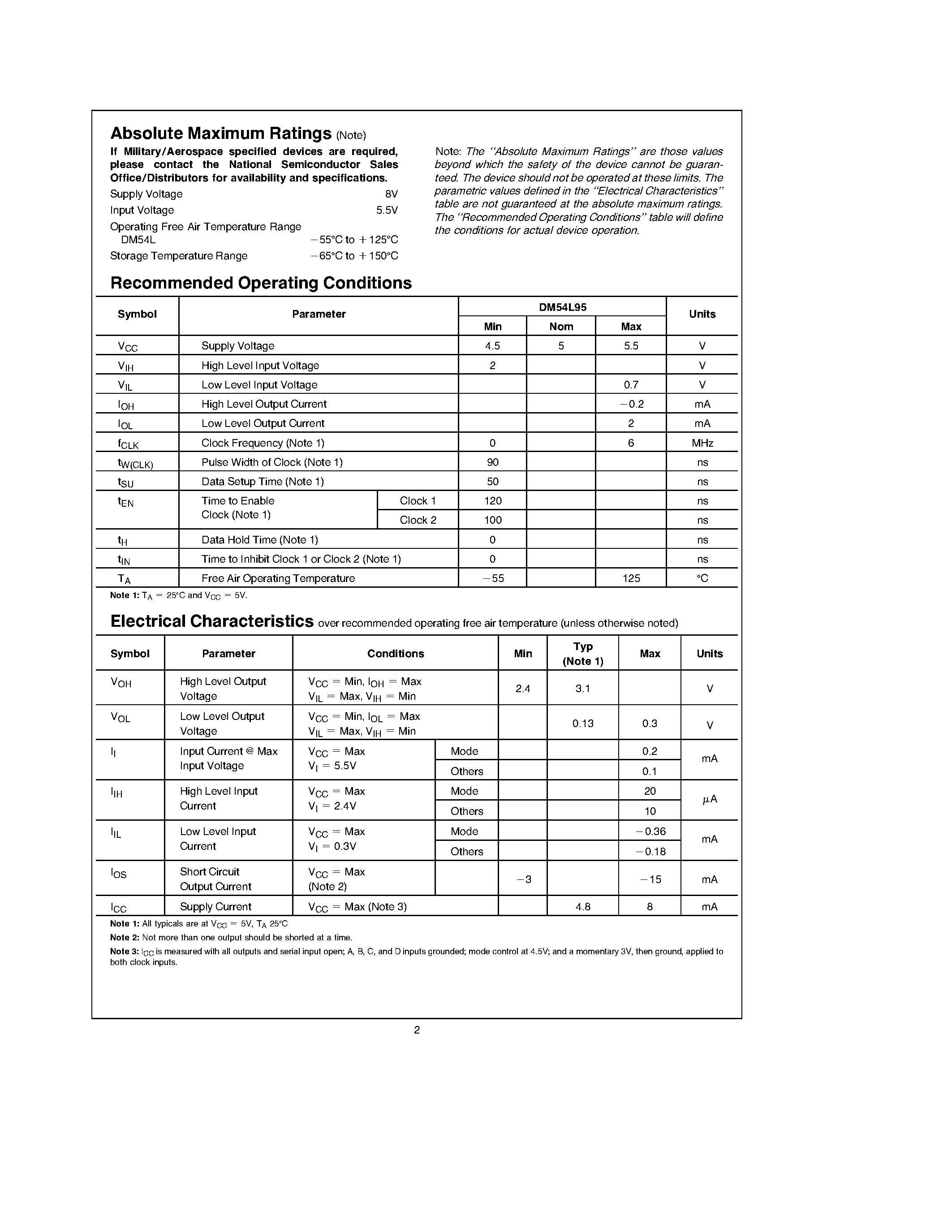 Datasheet DM54L95 page 2 Datasheet DM54L95 - 4-Bit Parallel Access Shift Registers page 2