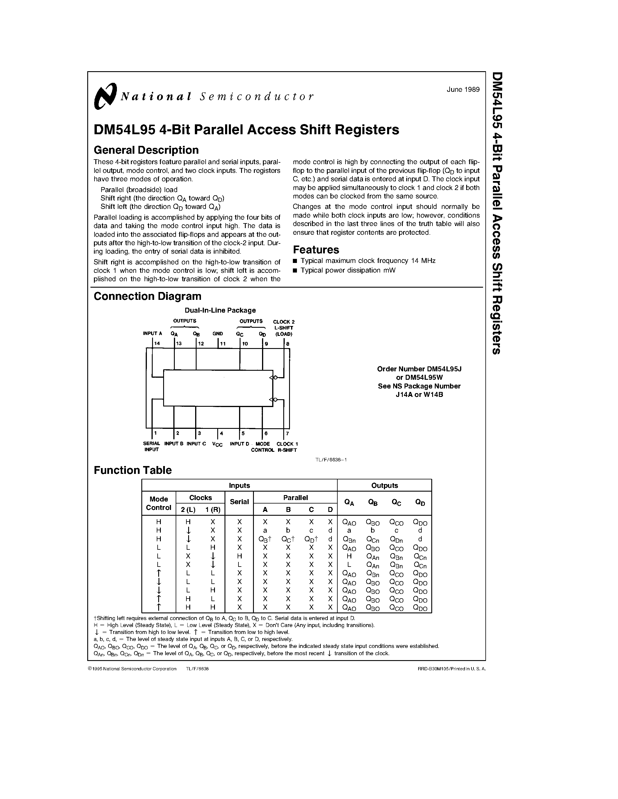 Datasheet DM54L95W page 1 Datasheet DM54L95W - 4-Bit Parallel Access Shift Registers page 1