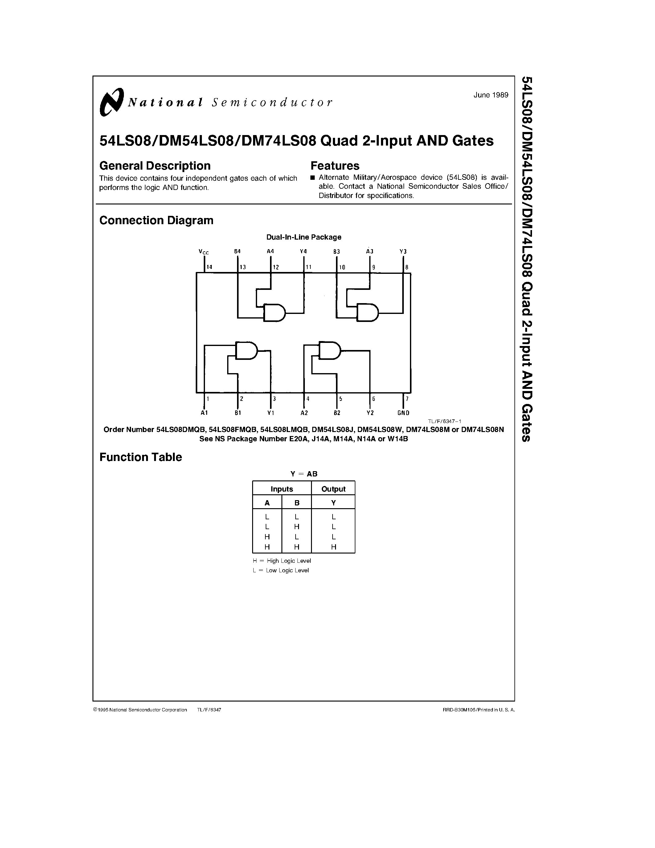 Даташит на микросхему DM54LS08W страница 1 Даташит DM54LS08W - Quad 2-Input AND Gates страница 1