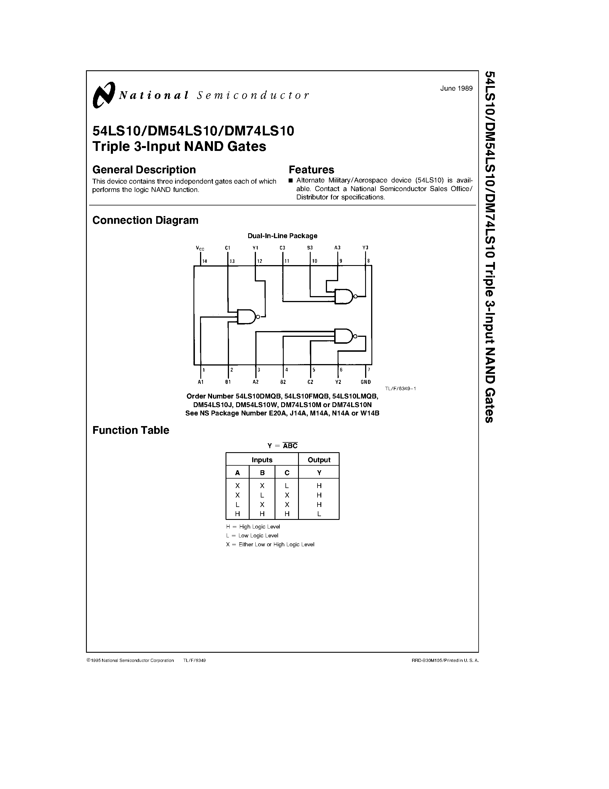 Datasheet DM54LS10J page 1 Datasheet DM54LS10J - Triple 3-Input NAND Gates page 1