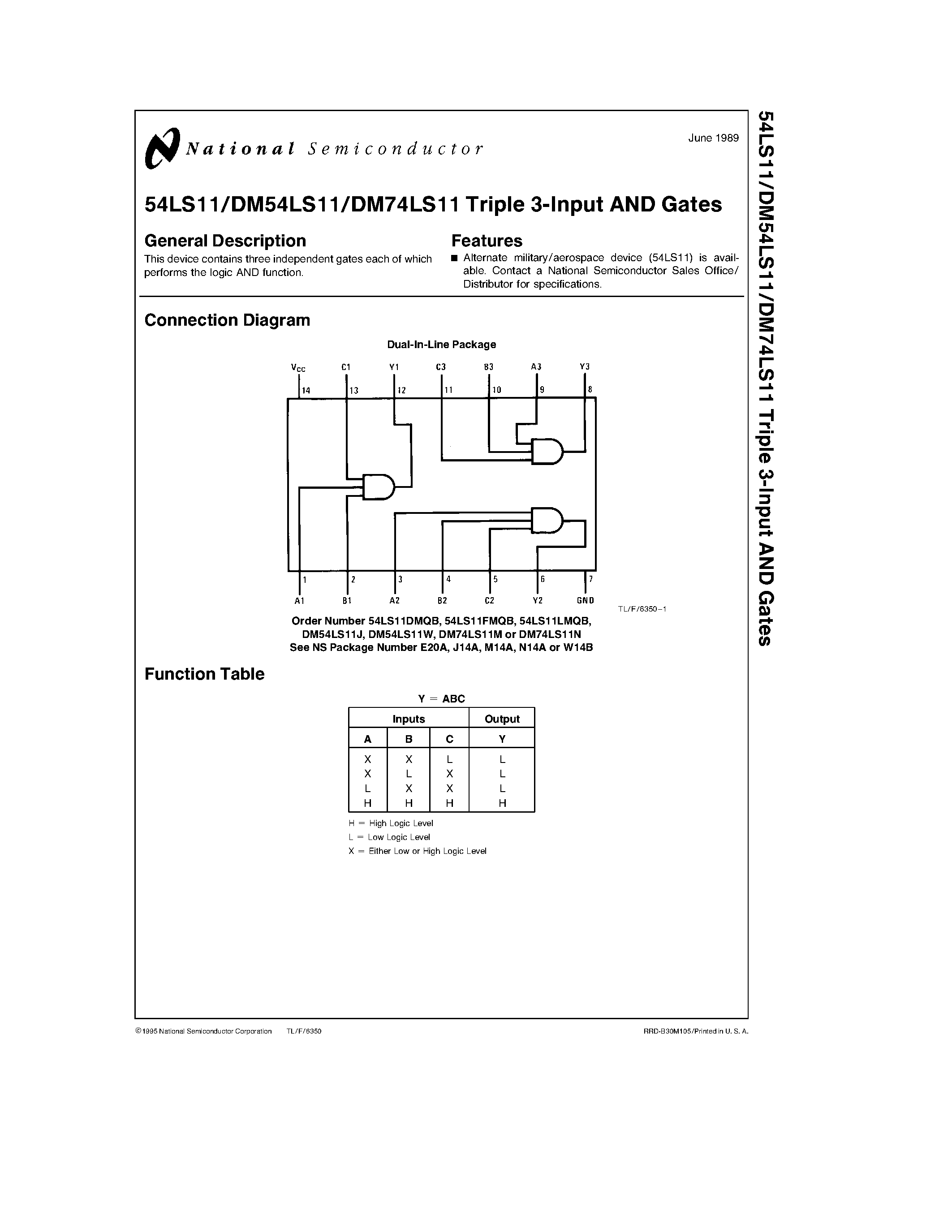 Datasheet DM54LS11W page 1 Datasheet DM54LS11W - Triple 3-Input AND Gates page 1