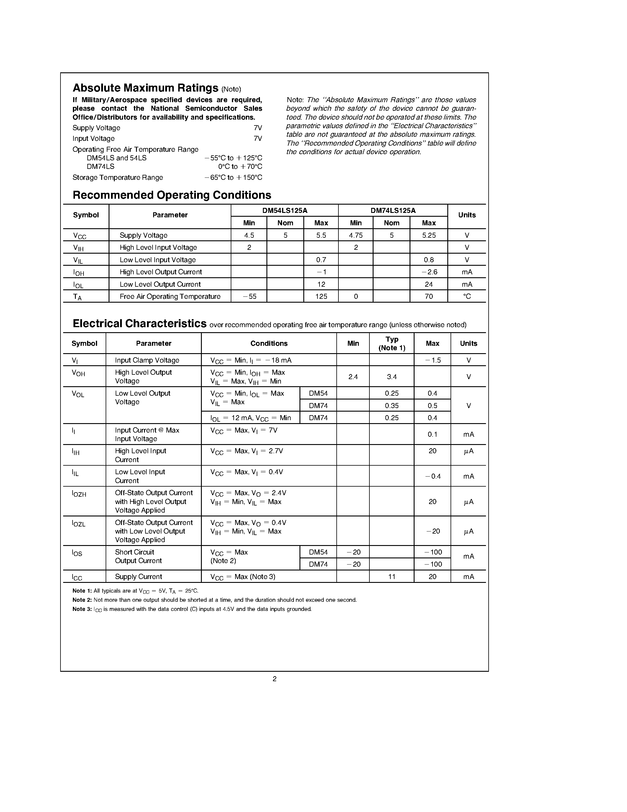 Datasheet DM54LS125A page 2 Datasheet DM54LS125A - Quad TRI-STATE Buffers page 2
