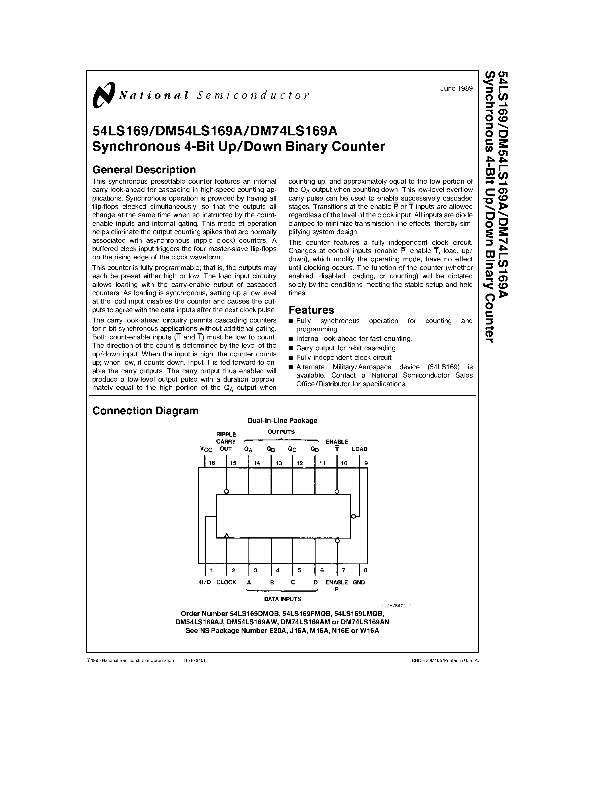 Datasheet DM54LS169AW page 1 Datasheet DM54LS169AW - Synchronous 4-Bit Up/Down Binary Counter page 1