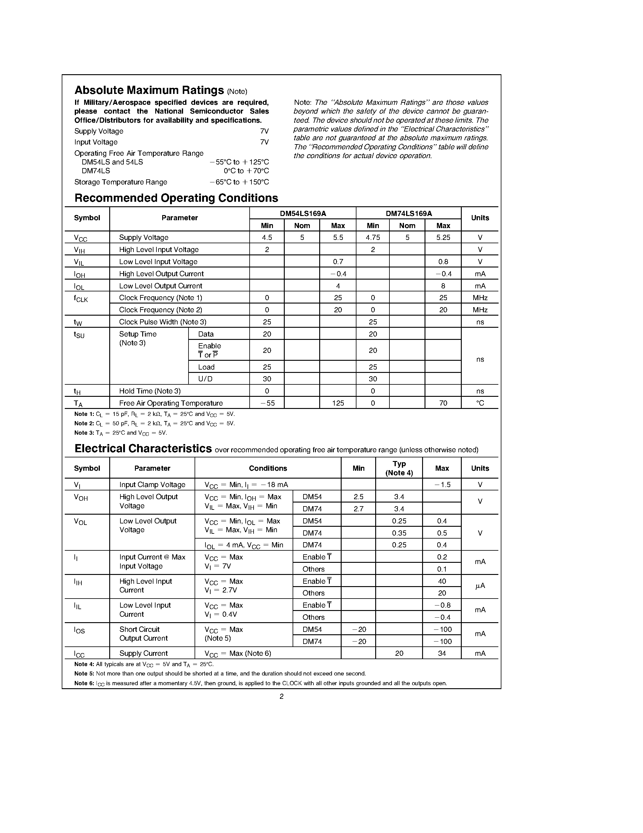 Datasheet DM54LS169AW page 2 Datasheet DM54LS169AW - Synchronous 4-Bit Up/Down Binary Counter page 2
