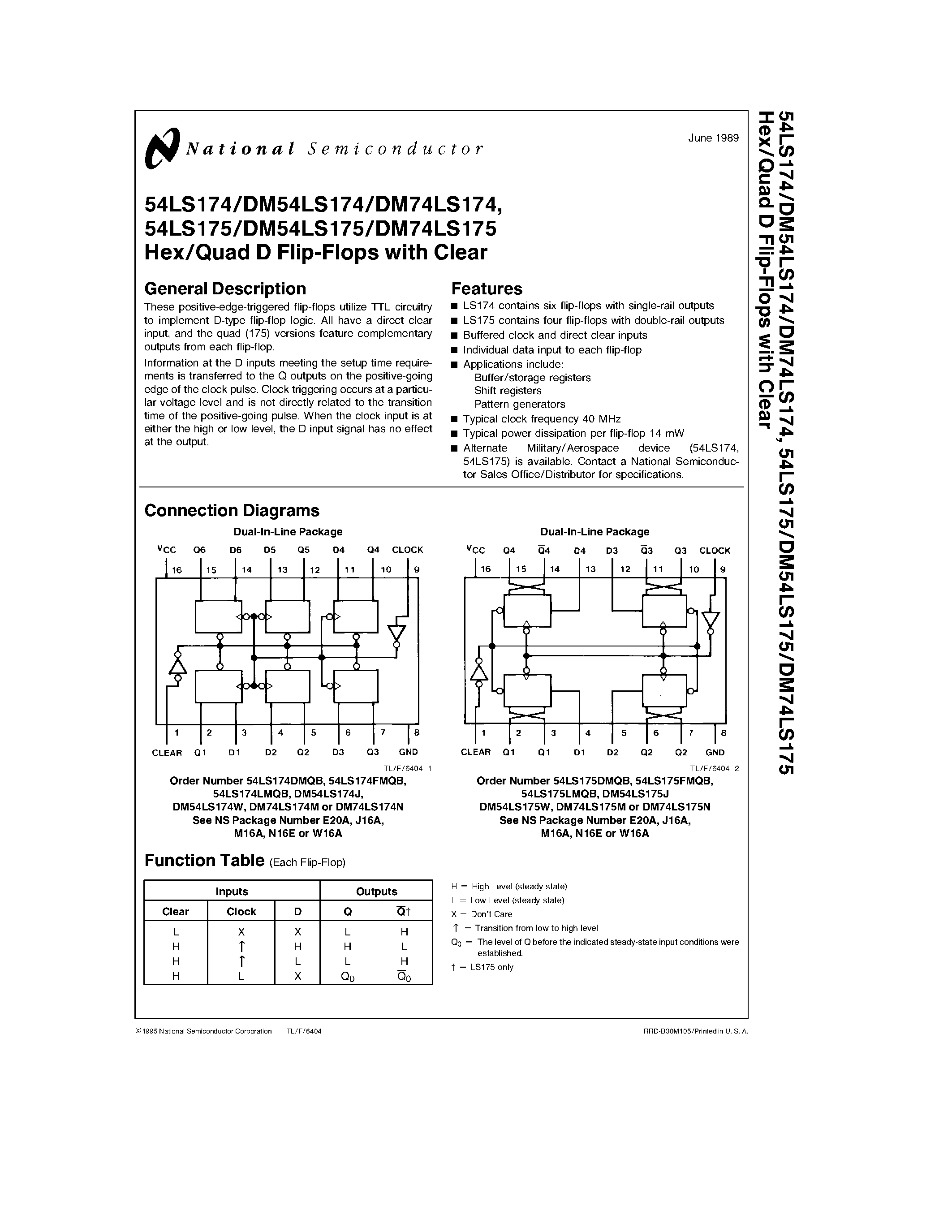 Datasheet DM54LS174 page 1 Datasheet DM54LS174 - Hex/Quad D Flip-Flops with Clear page 1