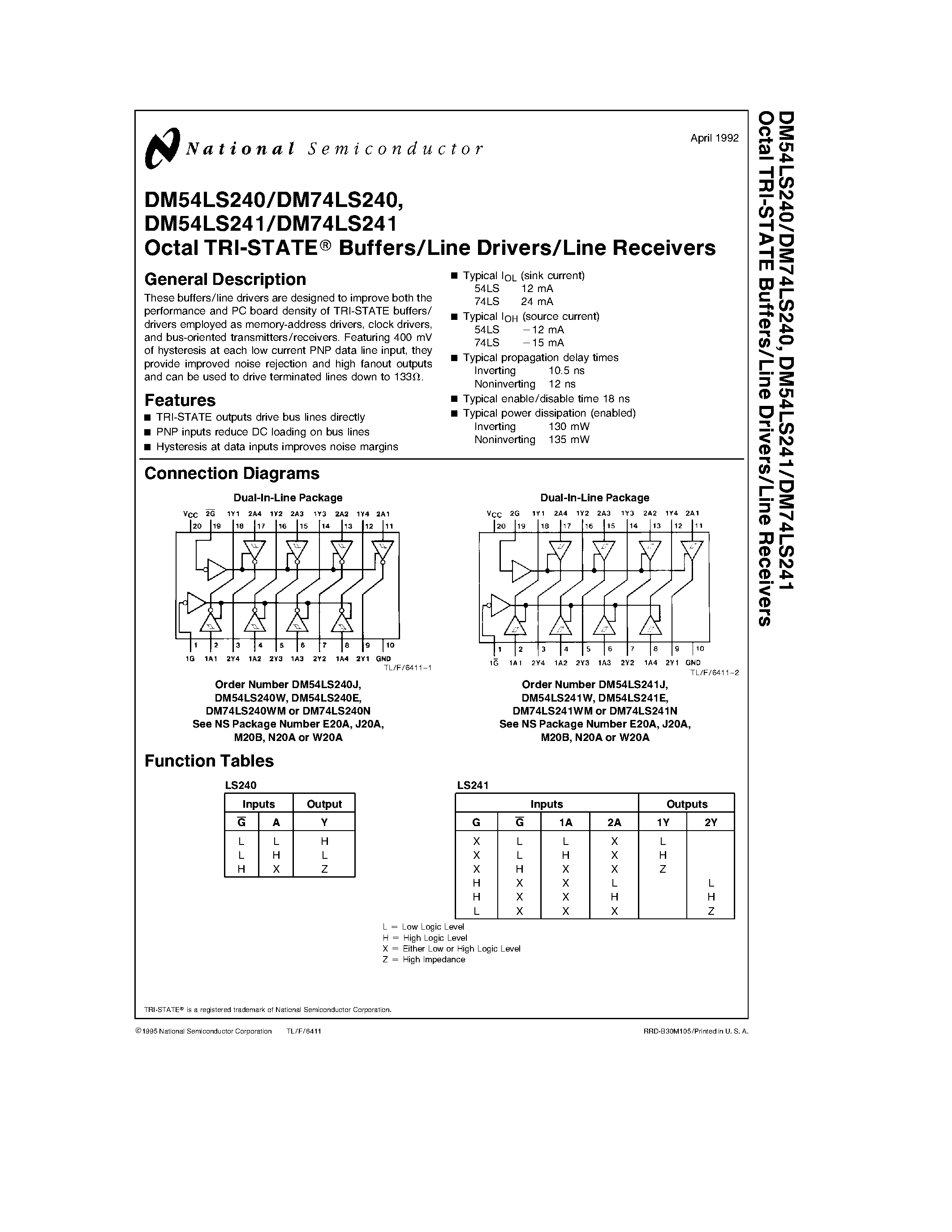 Datasheet DM54LS241E - Octal TRI-STATE Buffers/Line Drivers/Line Receivers page 1
