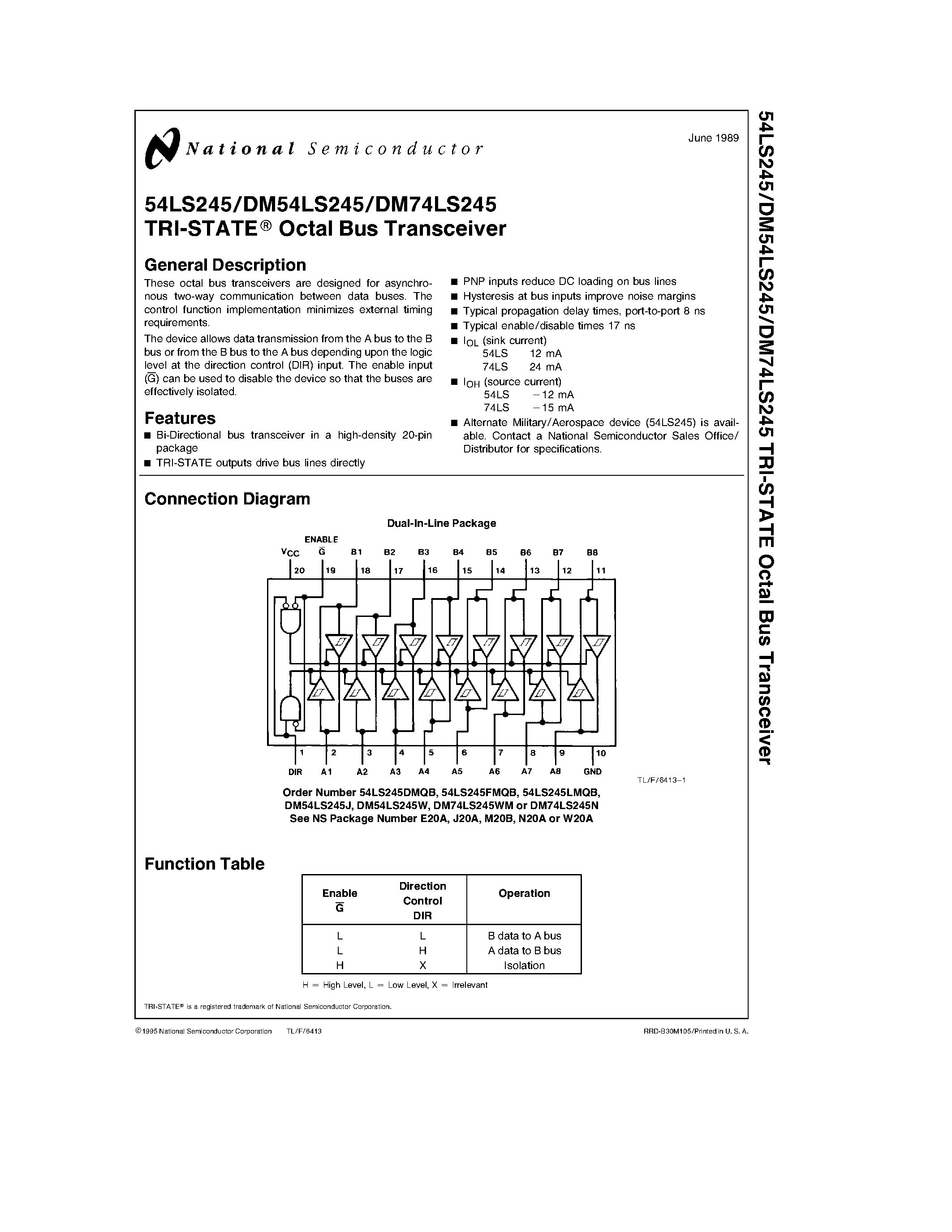 Datasheet DM54LS245J page 1 Datasheet DM54LS245J - TRI-STATE Octal Bus Transceiver page 1