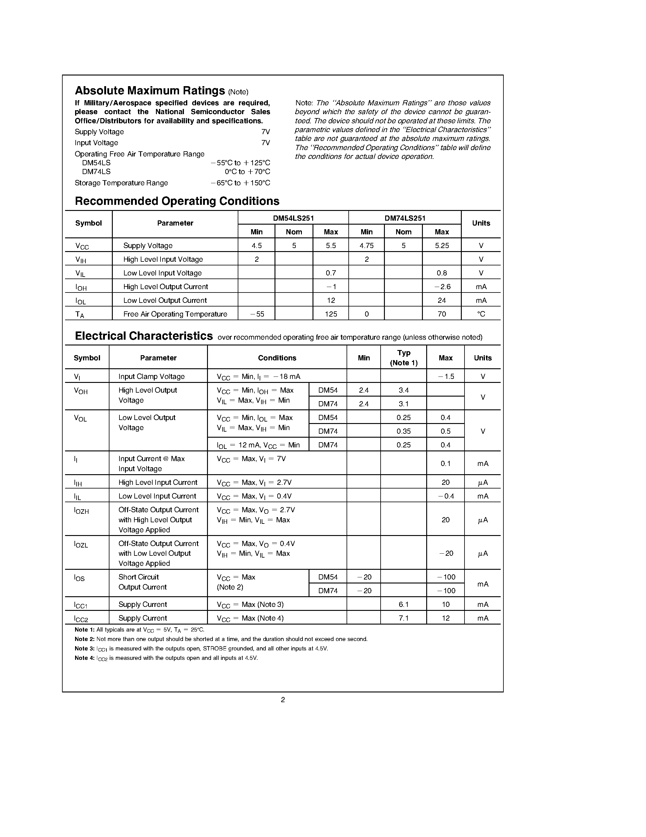 Datasheet DM54LS251 page 2 Datasheet DM54LS251 - TRI-STATE Data Selectors/Multiplexers page 2