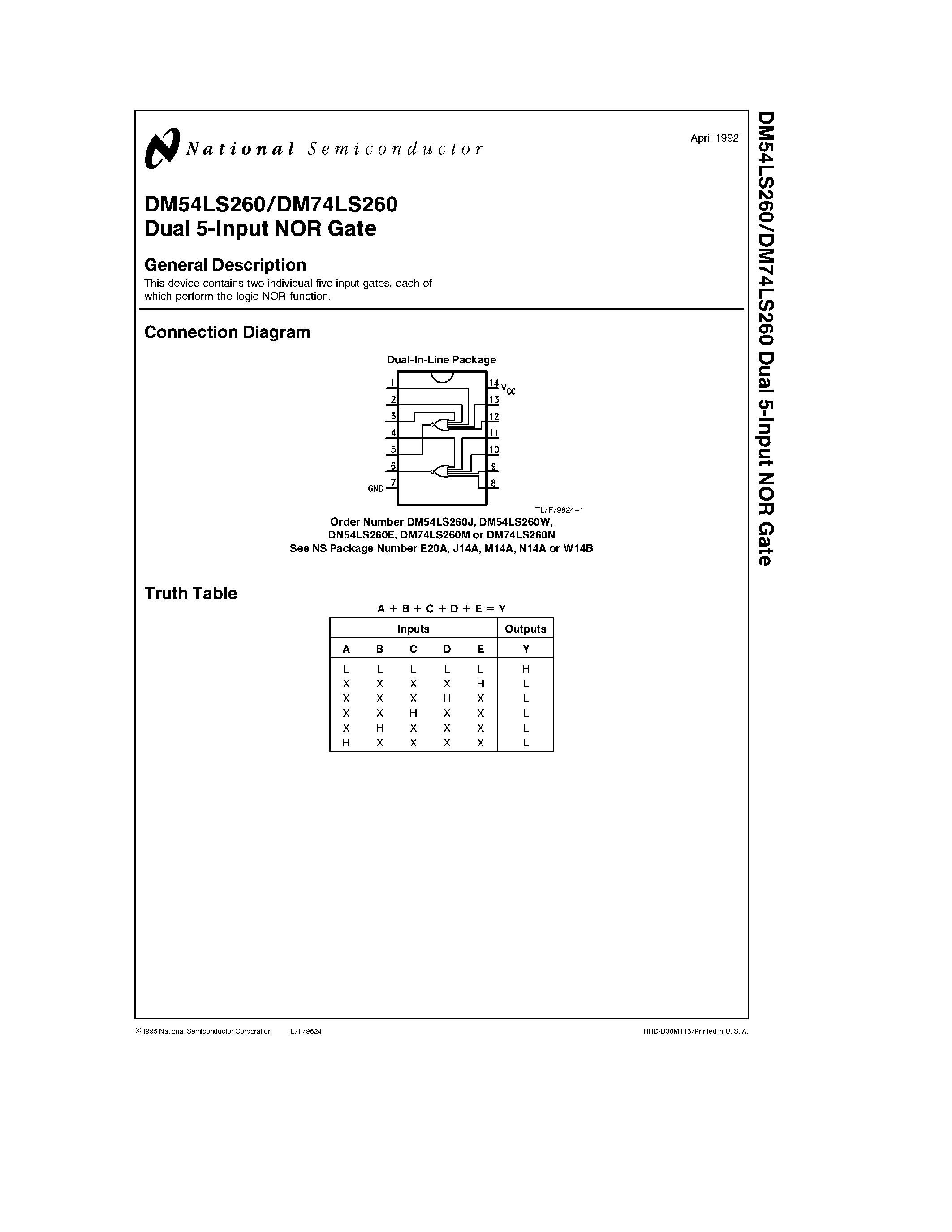 Datasheet DM54LS260J - Dual 5-Input NOR Gate page 1