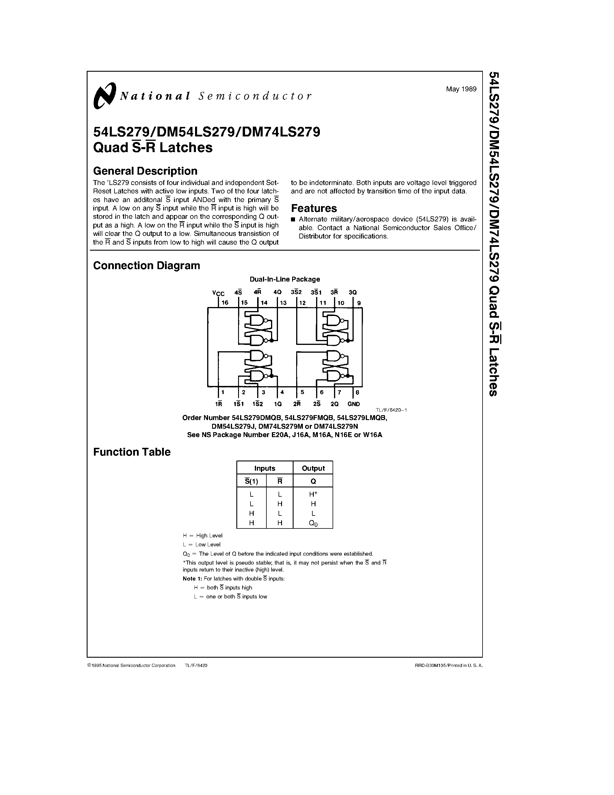 Даташит DM54LS279J - Quad S-R Latches страница 1