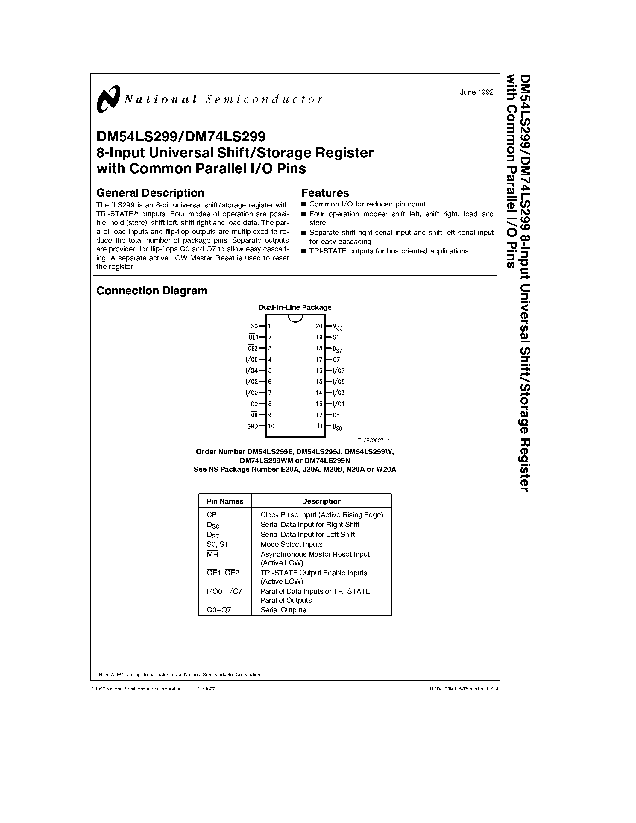 Datasheet DM54LS299W - 8-Input Universal Shift/Storage Register with Common Parallel I/O Pins page 1