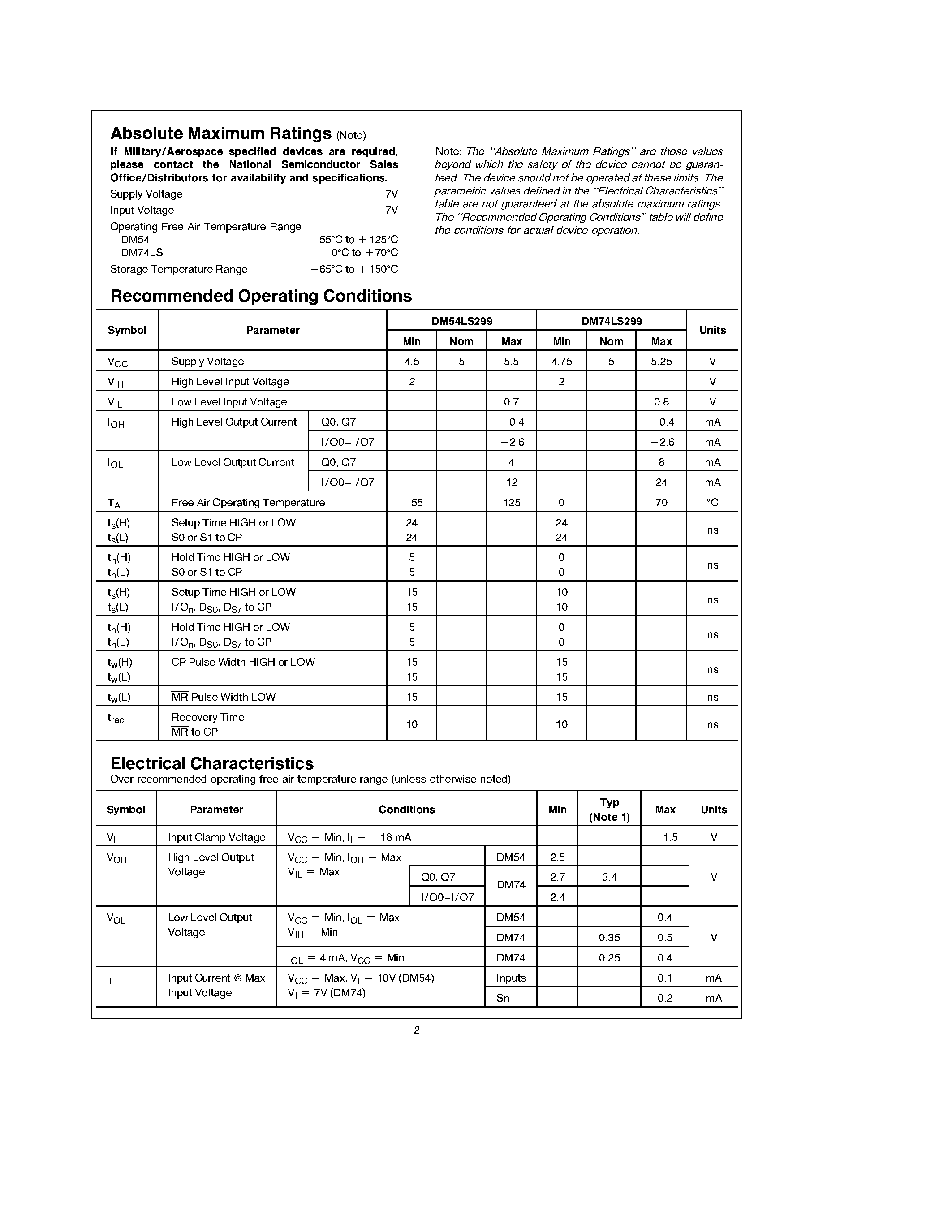 Datasheet DM54LS299W - 8-Input Universal Shift/Storage Register with Common Parallel I/O Pins page 2