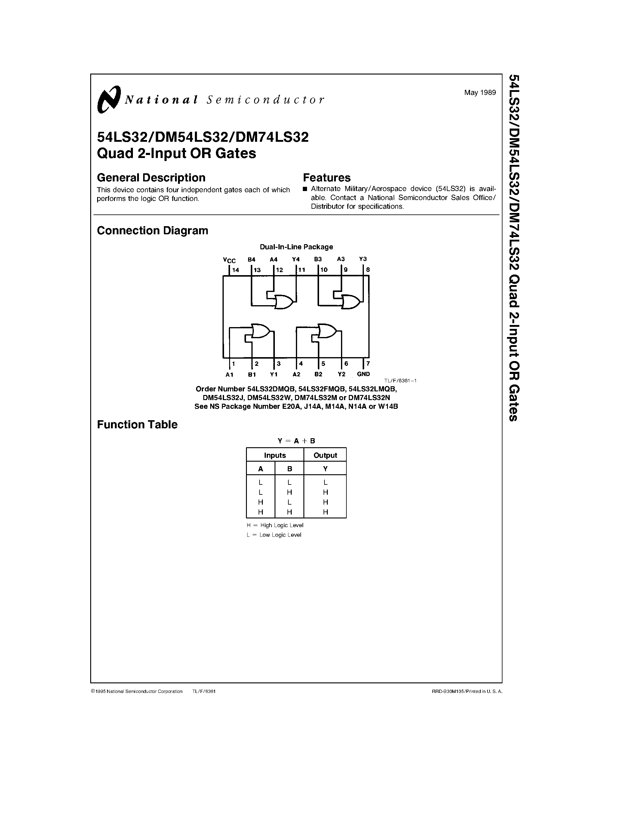 Даташит DM54LS32J - Quad 2-Input OR Gates страница 1