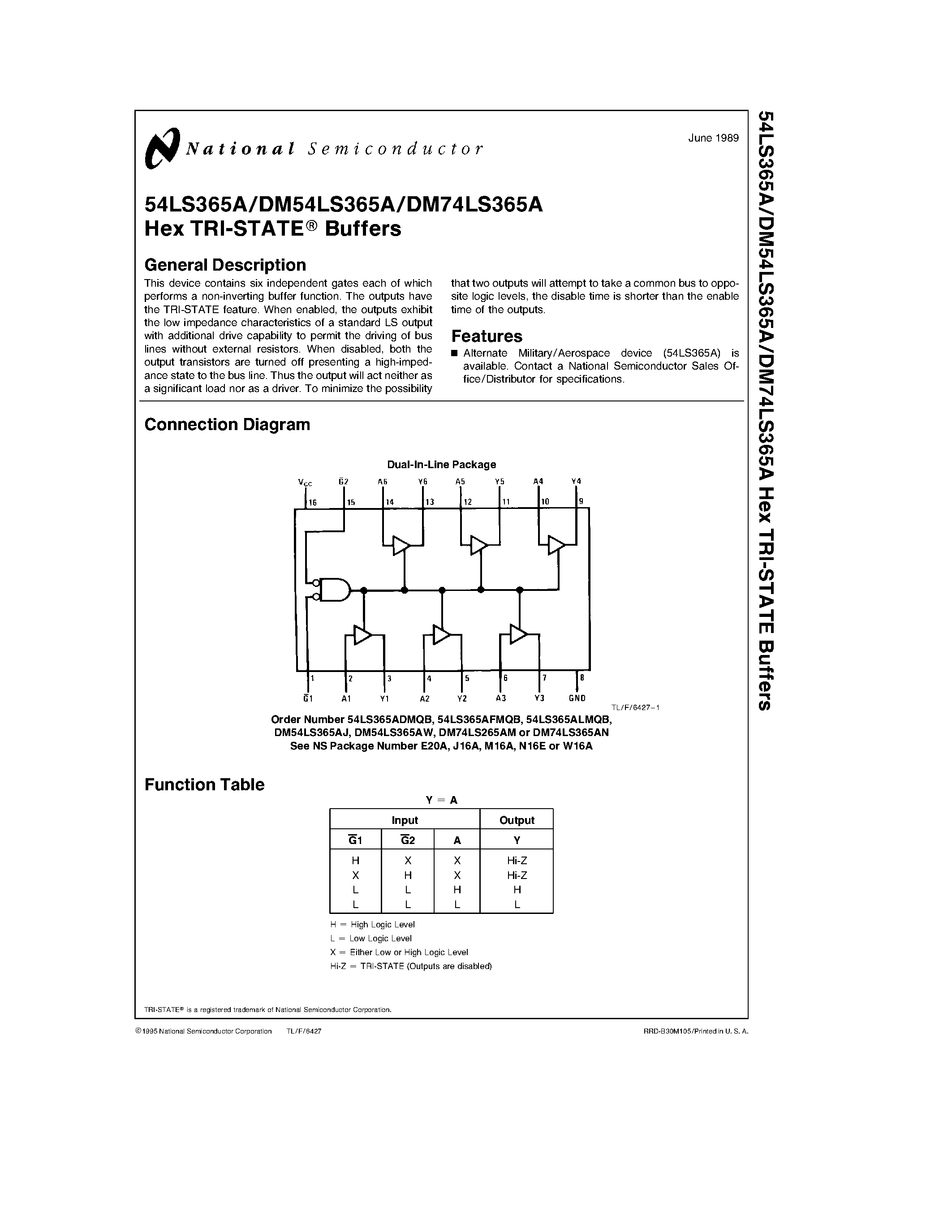Datasheet DM54LS365AW page 1 Datasheet DM54LS365AW - Hex TRI-STATE Buffers page 1