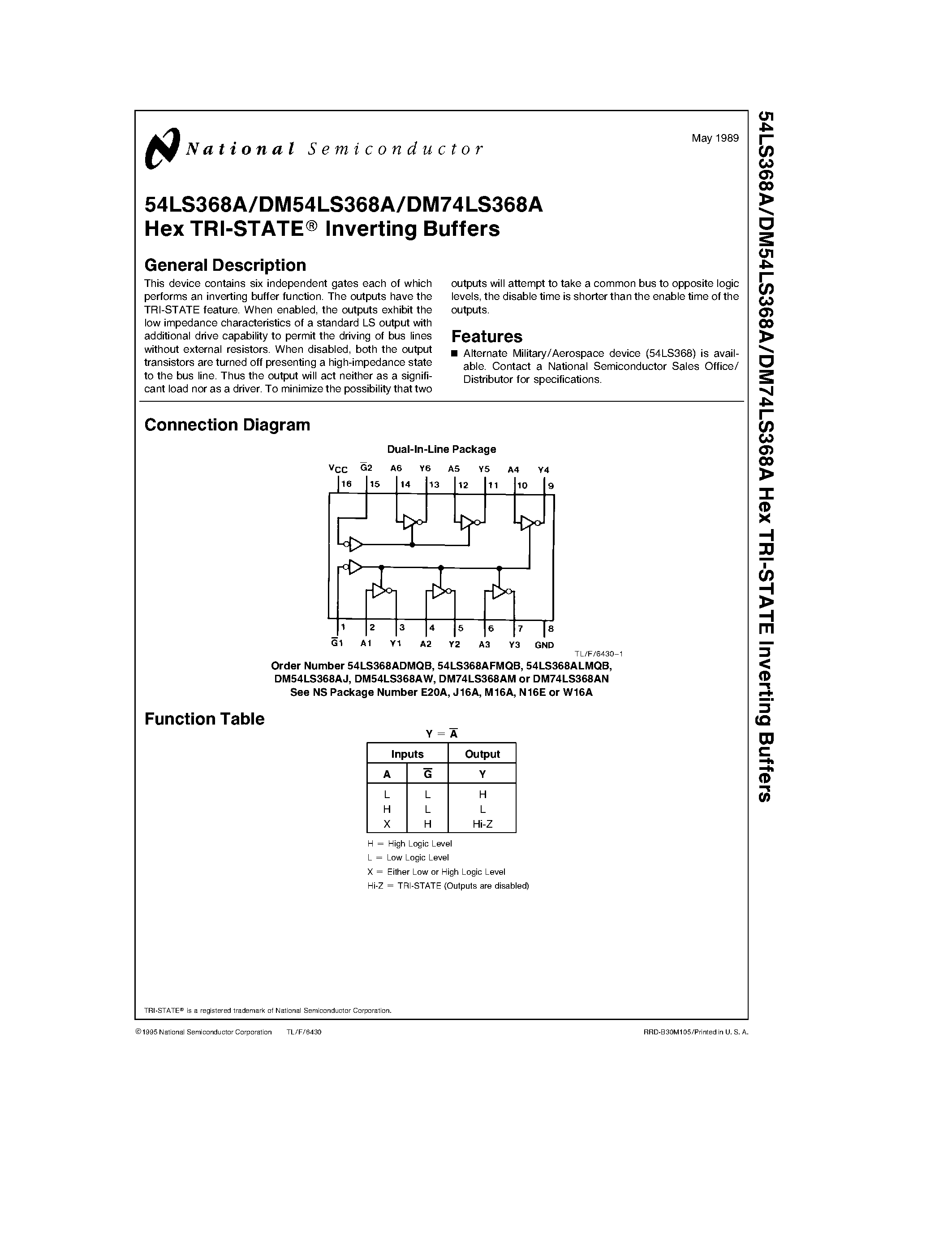 Datasheet DM54LS368AJ - Hex TRI-STATE Inverting Buffers page 1