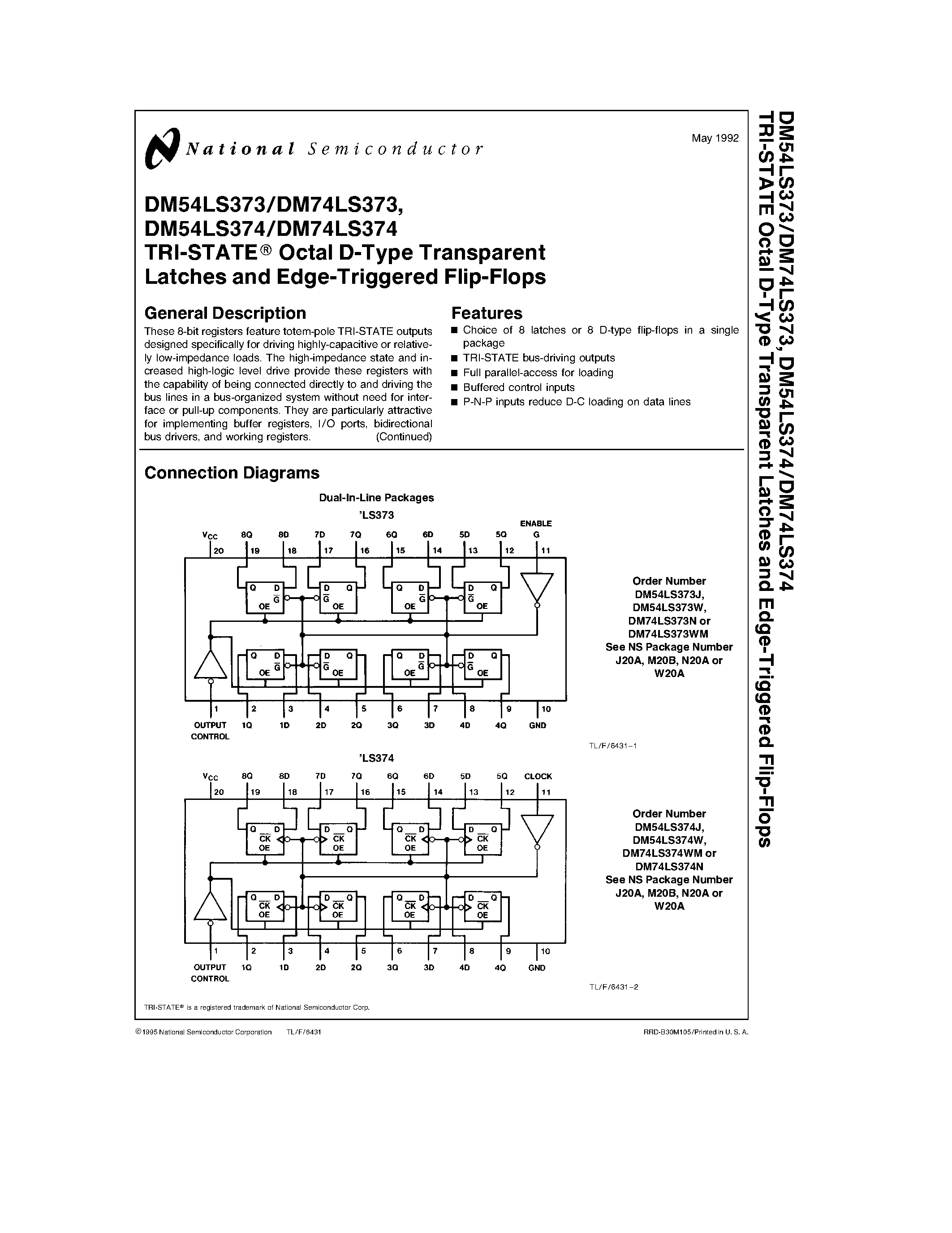 Datasheet DM54LS374J - TRI-STATEE Octal D-Type Transparent Latches and Edge-Triggered Flip-Flops page 1