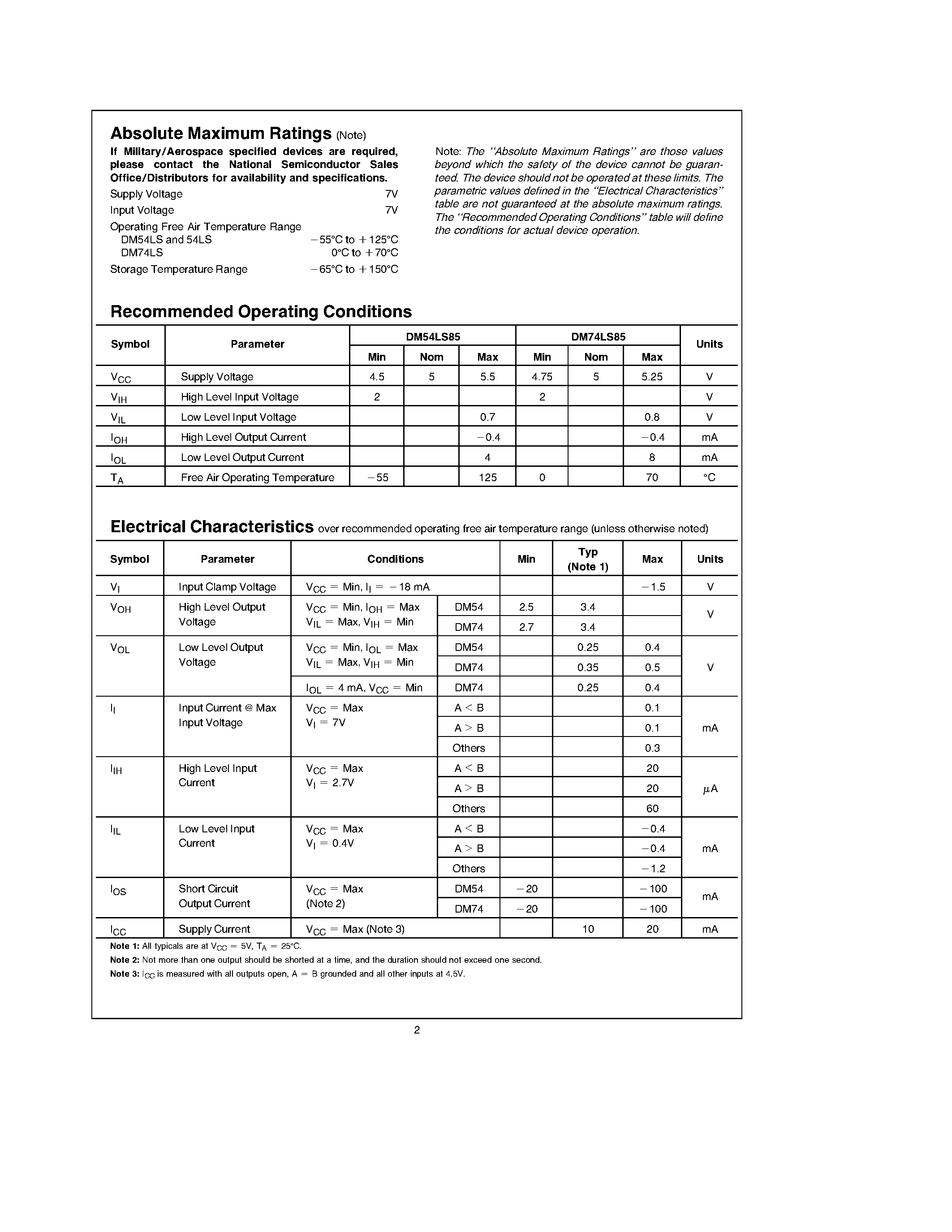 Datasheet DM54LS85W page 2 Datasheet DM54LS85W - 4-Bit Magnitude Comparators page 2