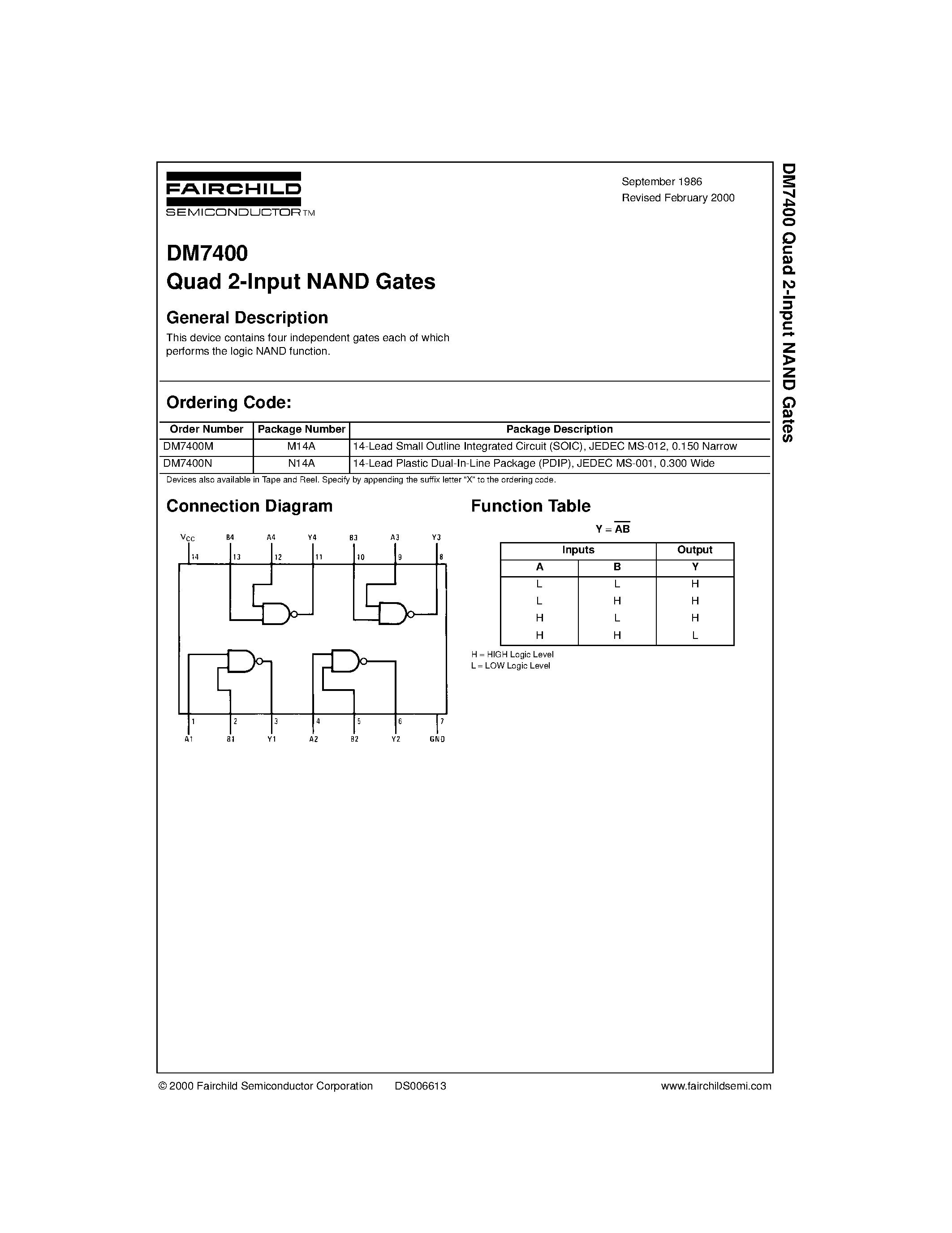Даташит DM7400 - Quad 2-Input NAND Gates страница 1