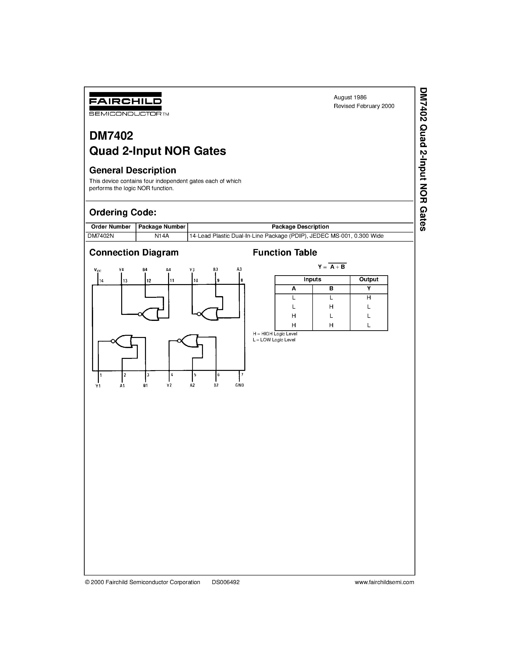 Даташит DM7402N - Quad 2-Input NOR Gates страница 1