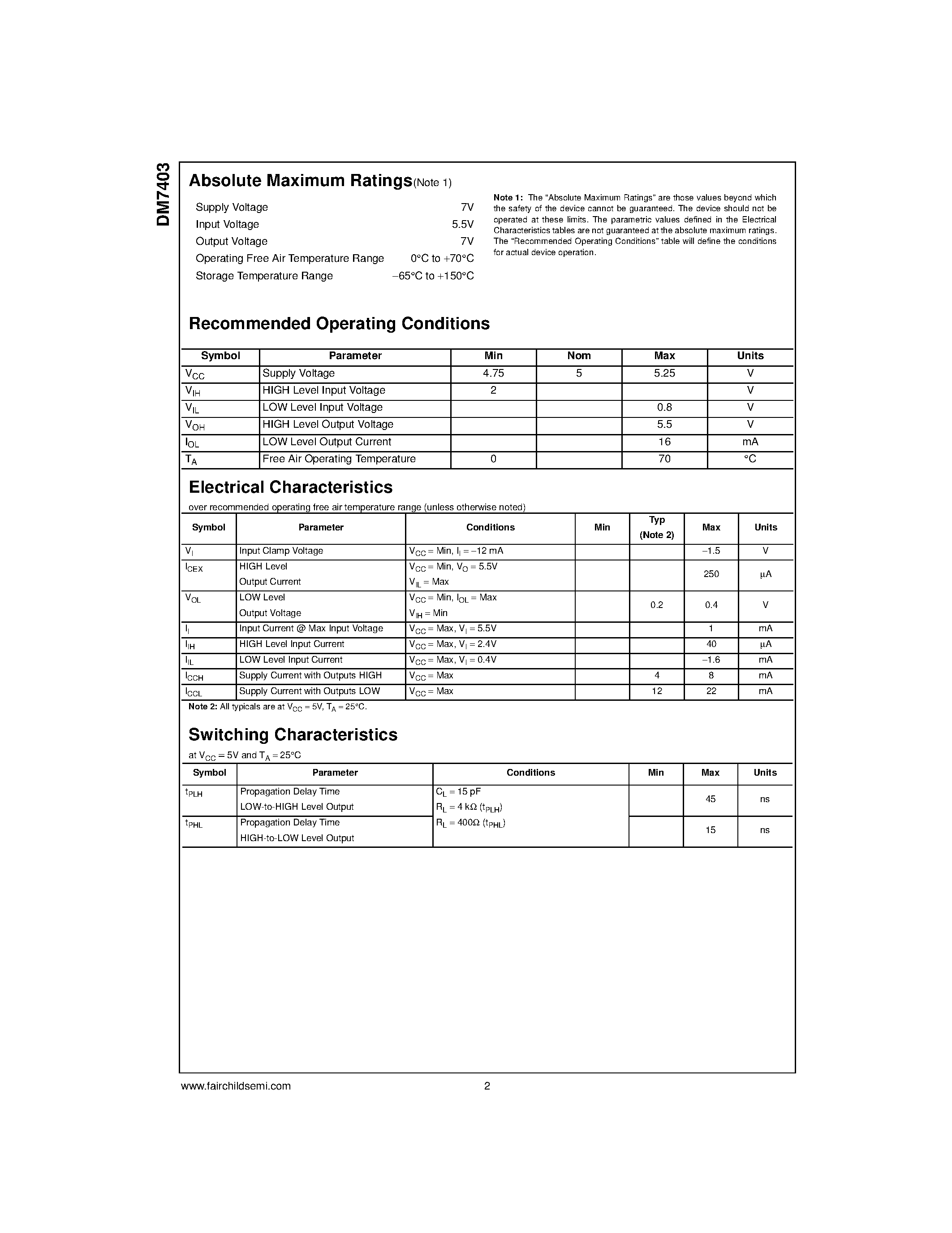 Даташит на микросхему DM7403N страница 2 Даташит DM7403N - Quad 2-Input NAND Gates with Open-Collector Outputs страница 2