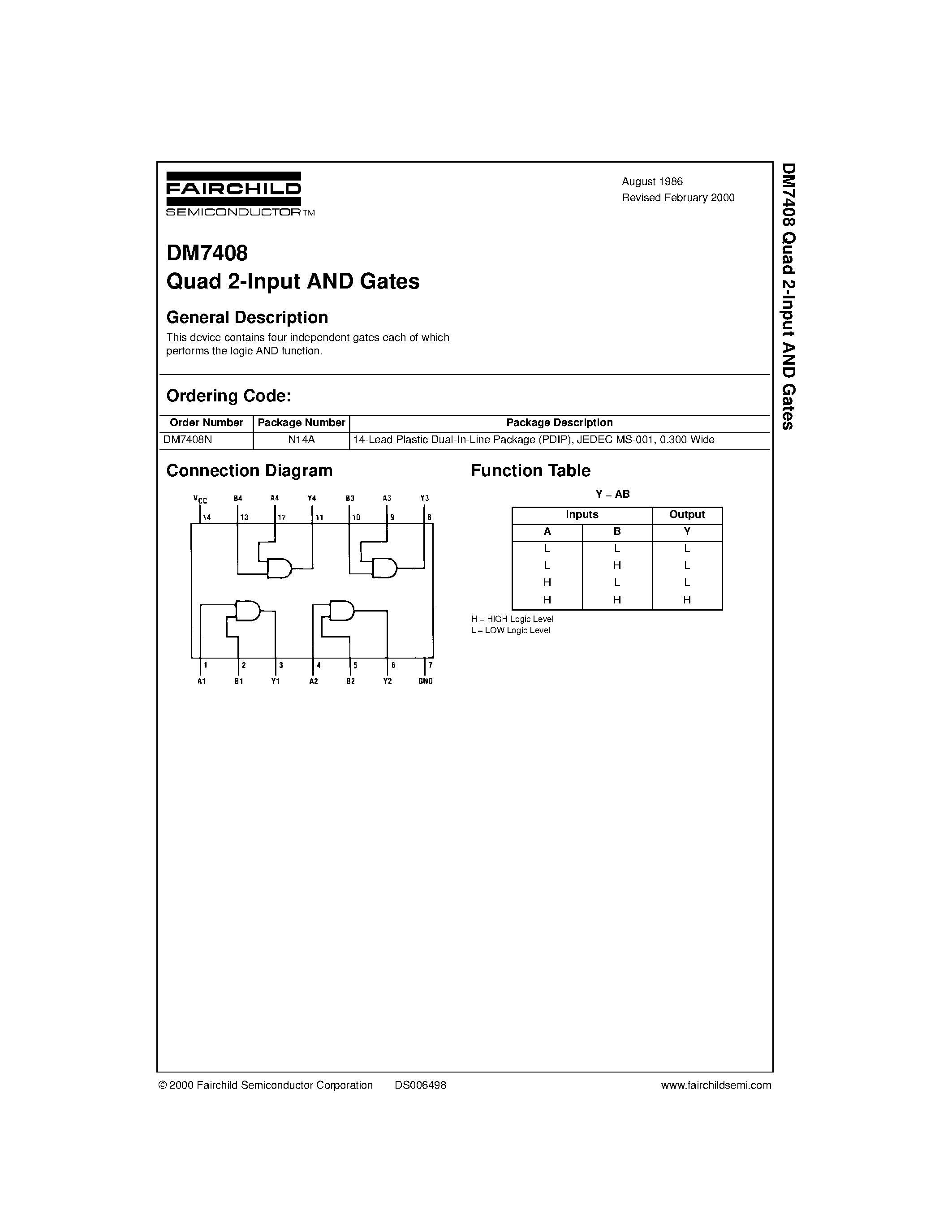 Даташит на микросхему DM7408N страница 1 Даташит DM7408N - Quad 2-Input AND Gates страница 1