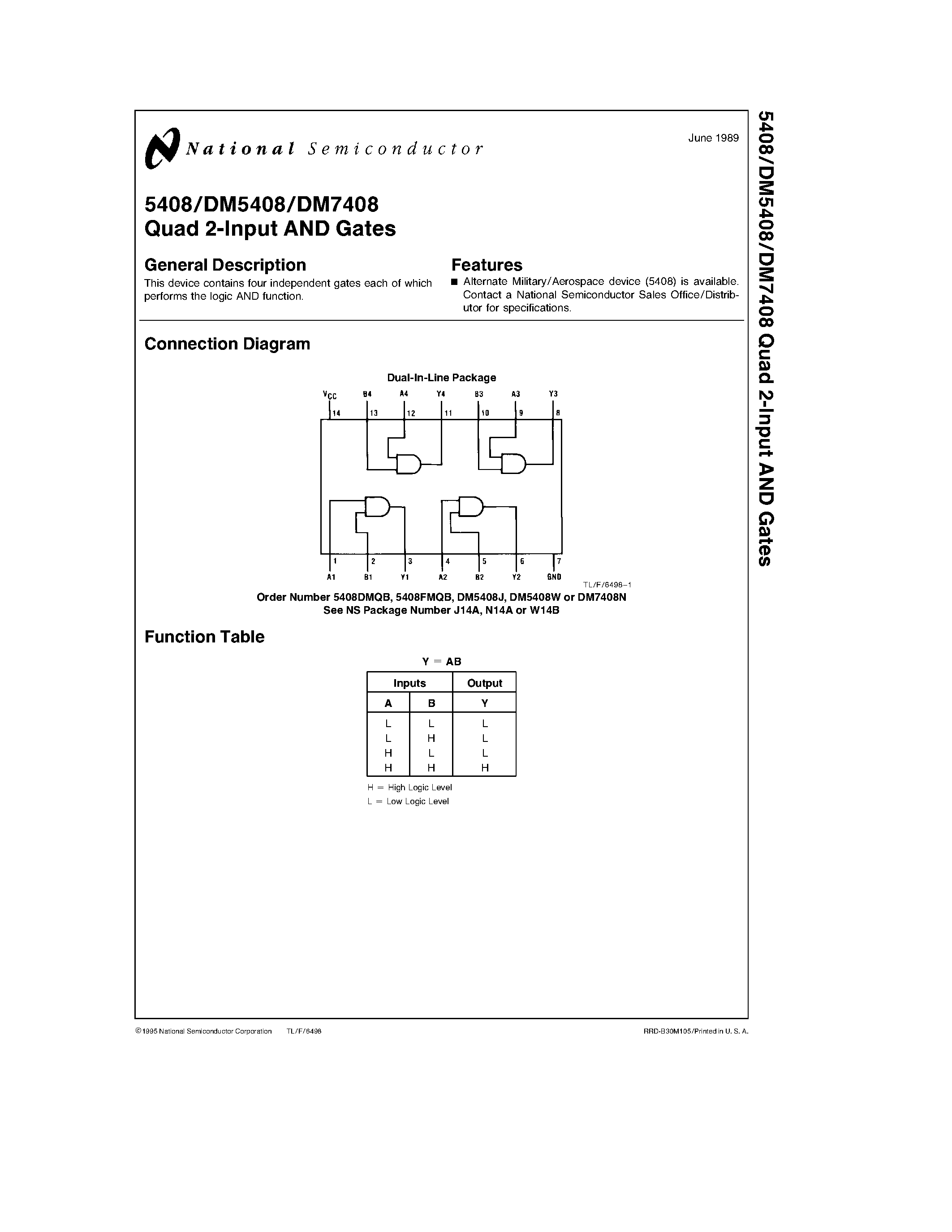 Даташит DM7408N - Quad 2-Input AND Gates страница 1