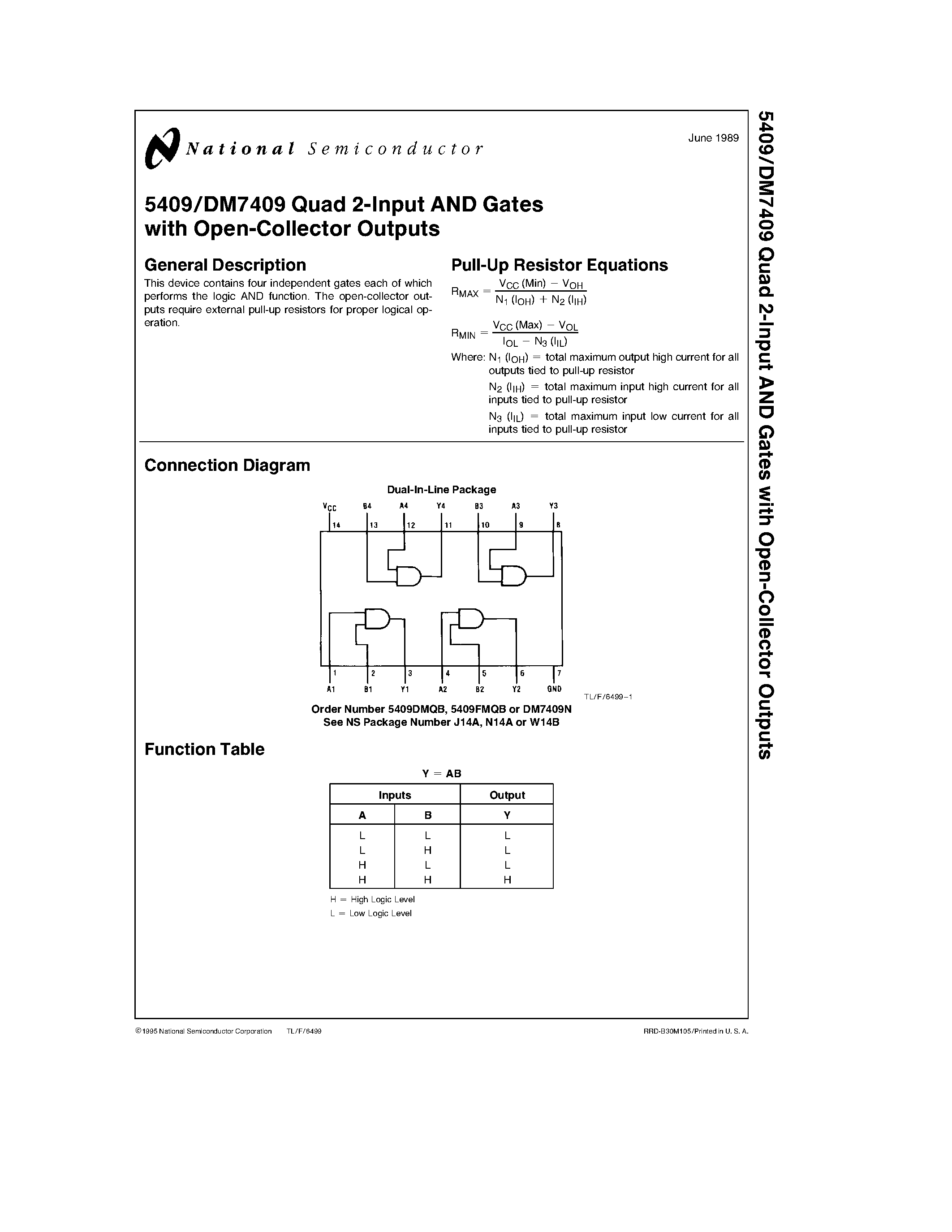 Даташит на микросхему DM7409N страница 1 Даташит DM7409N - Quad 2-Input AND Gates with Open-Collector Outputs страница 1