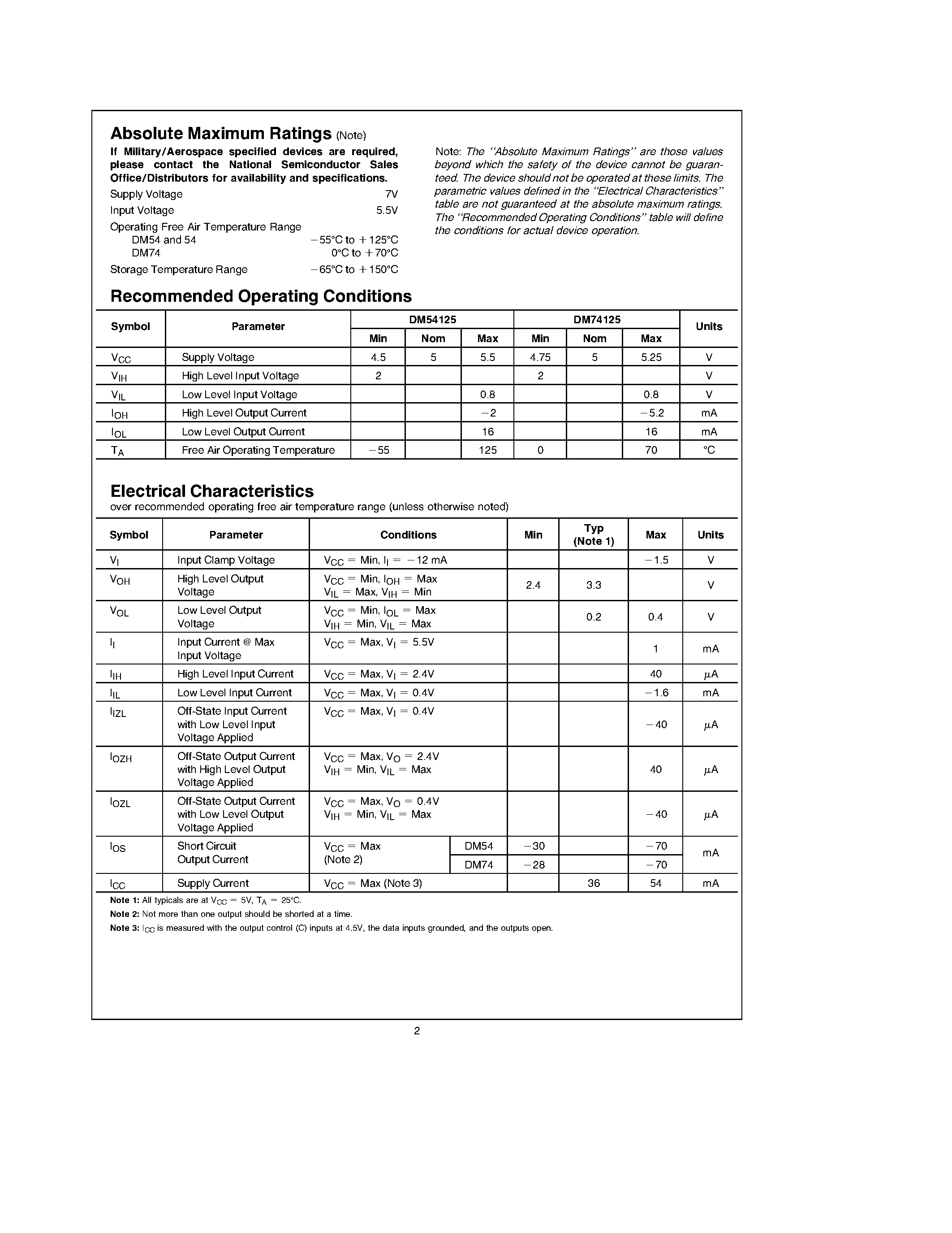Datasheet DM74125 page 2 Datasheet DM74125 - Quad TRI-STATE Buffers page 2