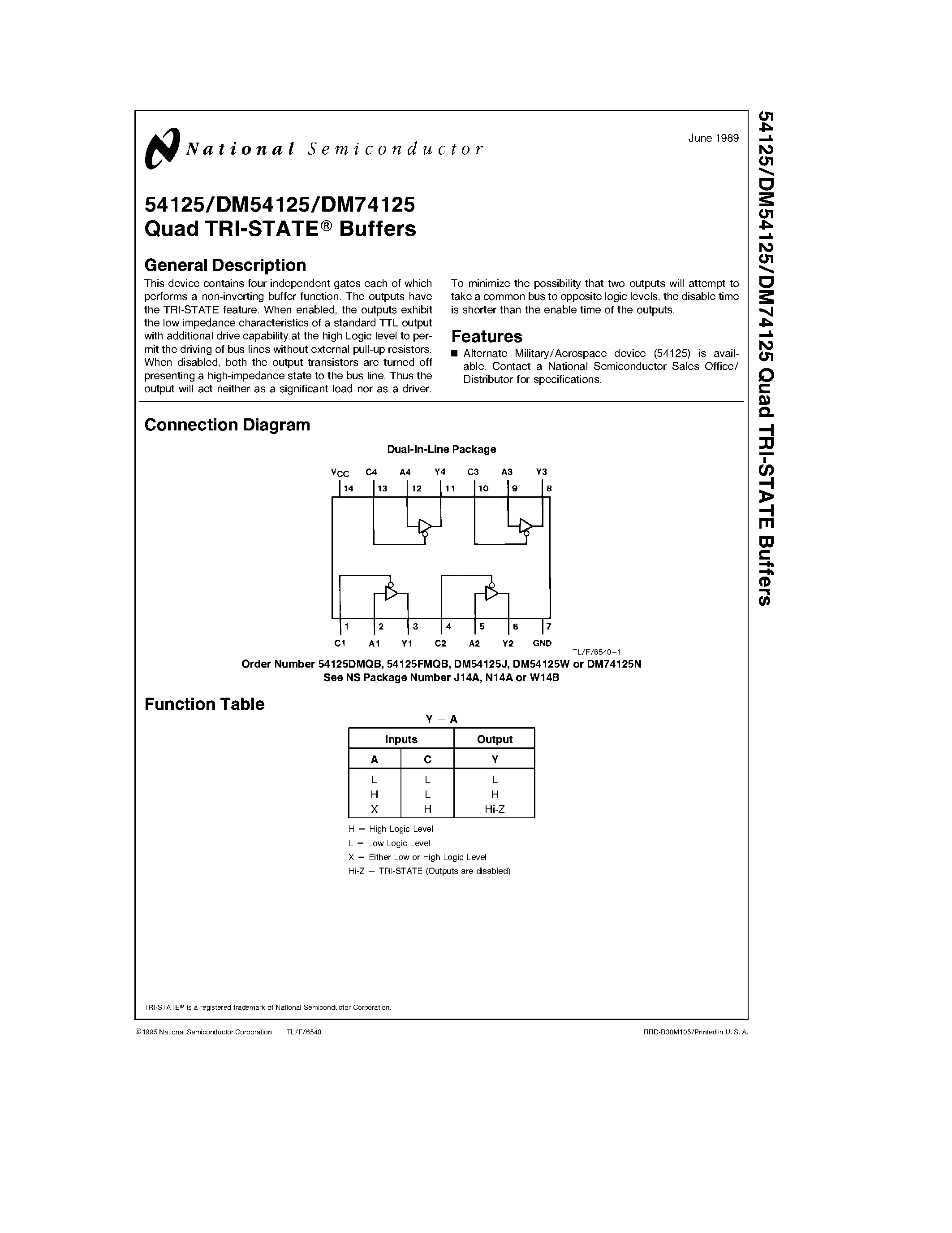 Datasheet DM74125N page 1 Datasheet DM74125N - Quad TRI-STATE Buffers page 1