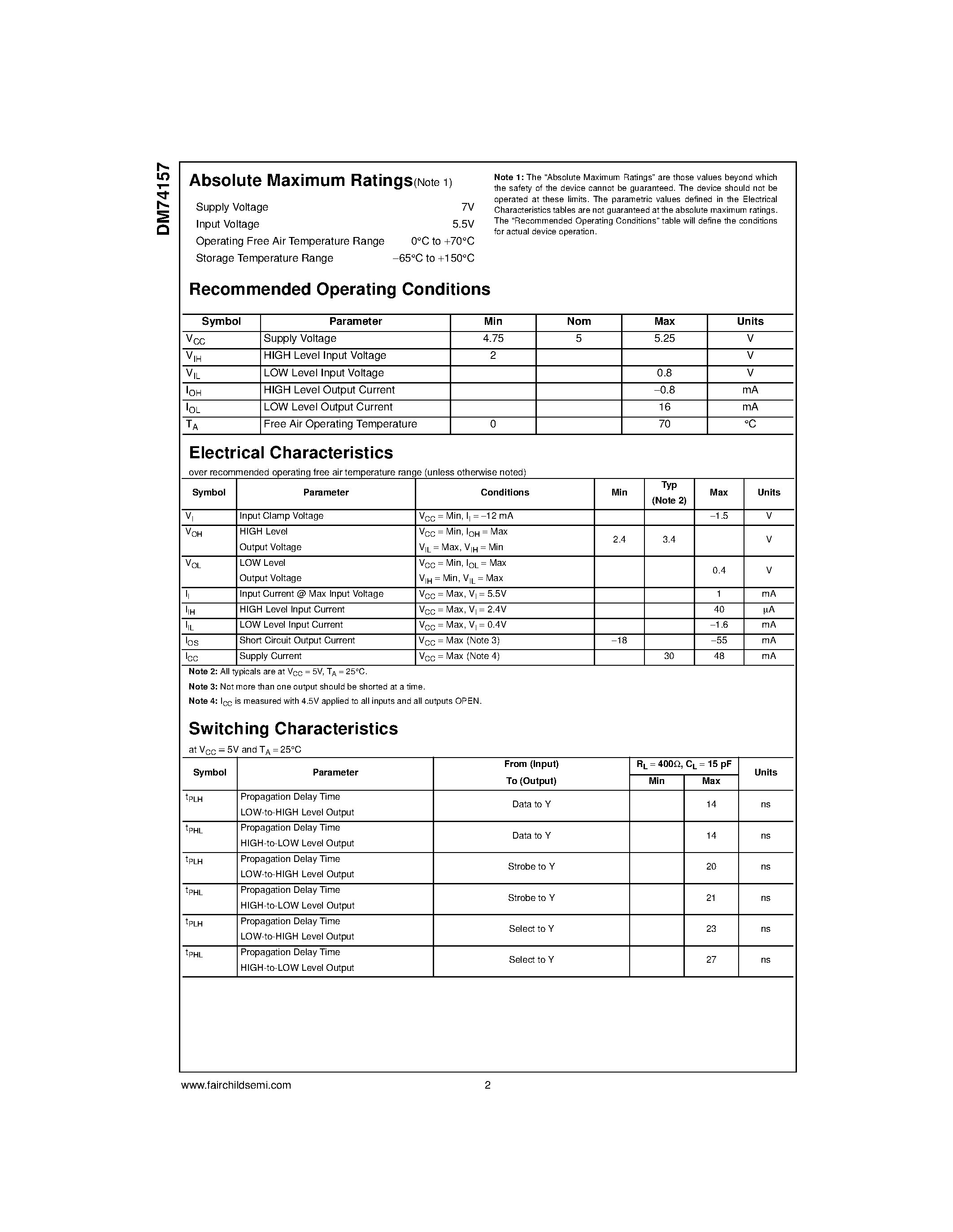 Даташит на микросхему DM74157 страница 2 Даташит DM74157 - Quad 2-Line to 1-Line Data Selectors/Multiplexer страница 2