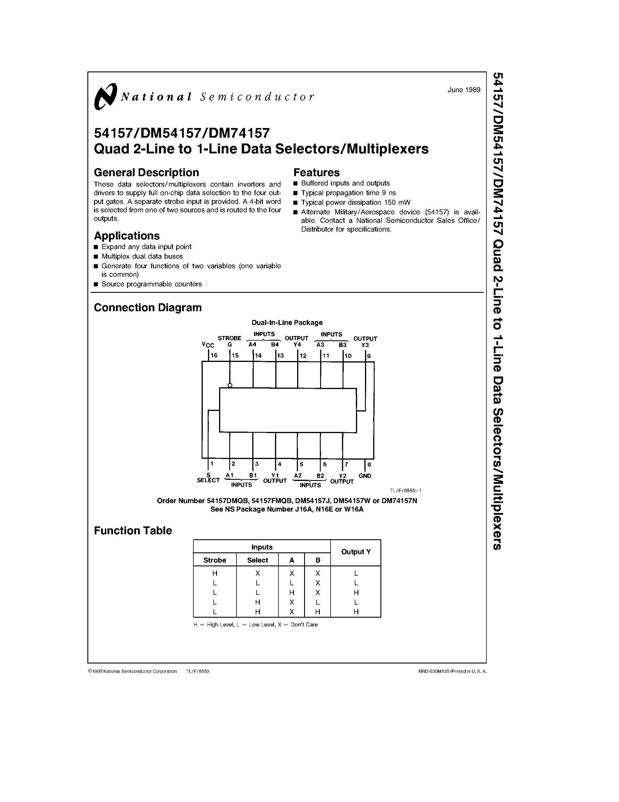 Даташит DM74157N - Quad 2-Line to 1-Line Data Selectors/Multiplexers страница 1