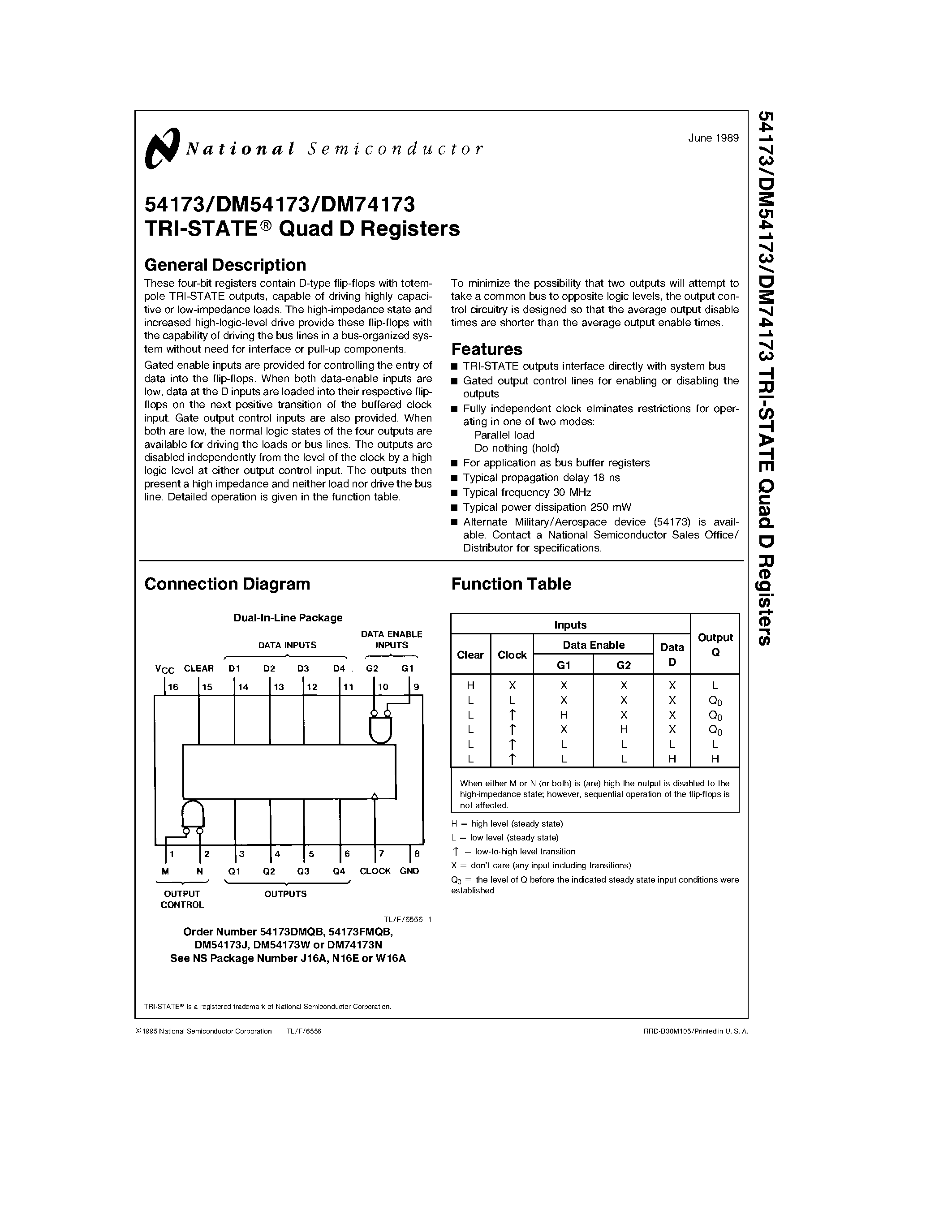 Datasheet DM74173N page 1 Datasheet DM74173N - TRI-STATE Quad Registers page 1
