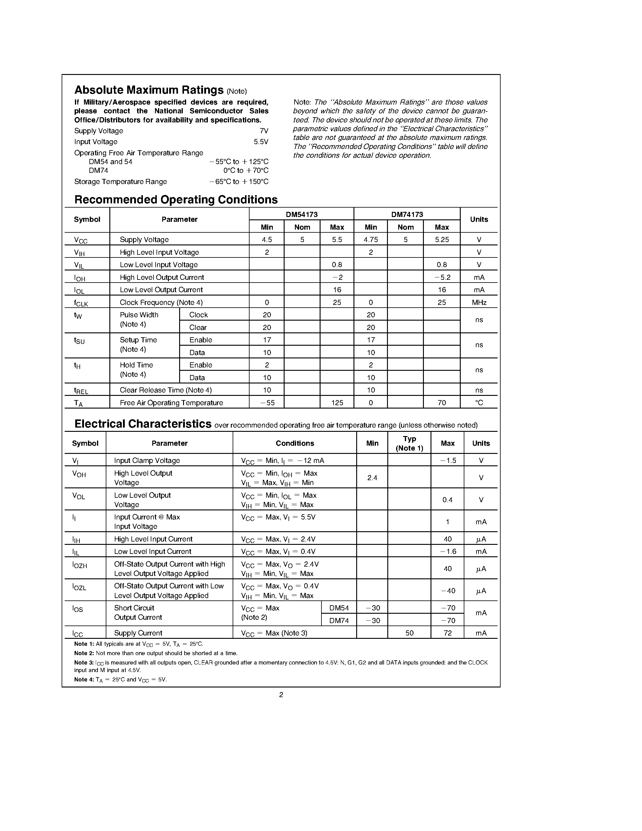 Datasheet DM74173N page 2 Datasheet DM74173N - TRI-STATE Quad Registers page 2