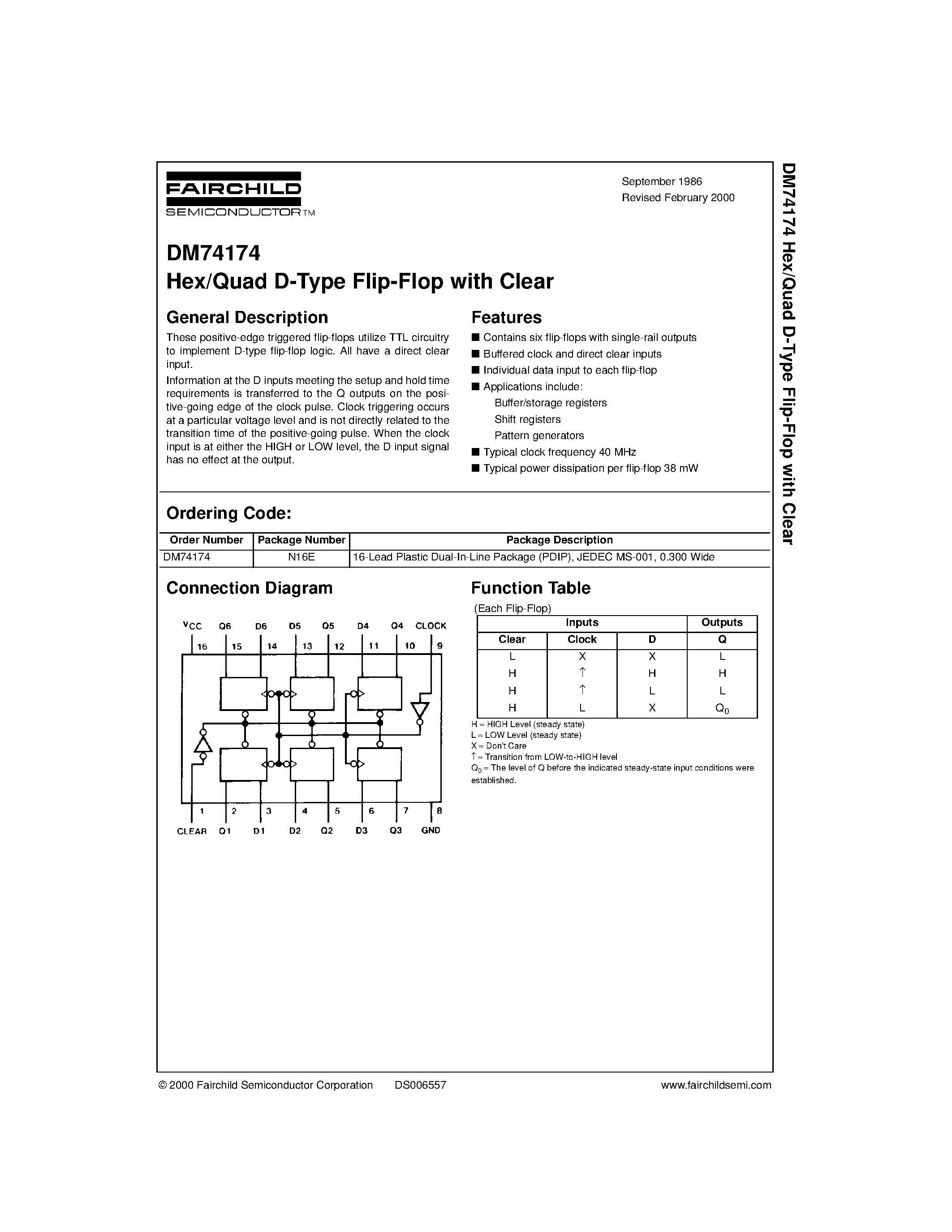Datasheet DM74174 - Hex/Quad D-Type Flip-Flop with Clear page 1