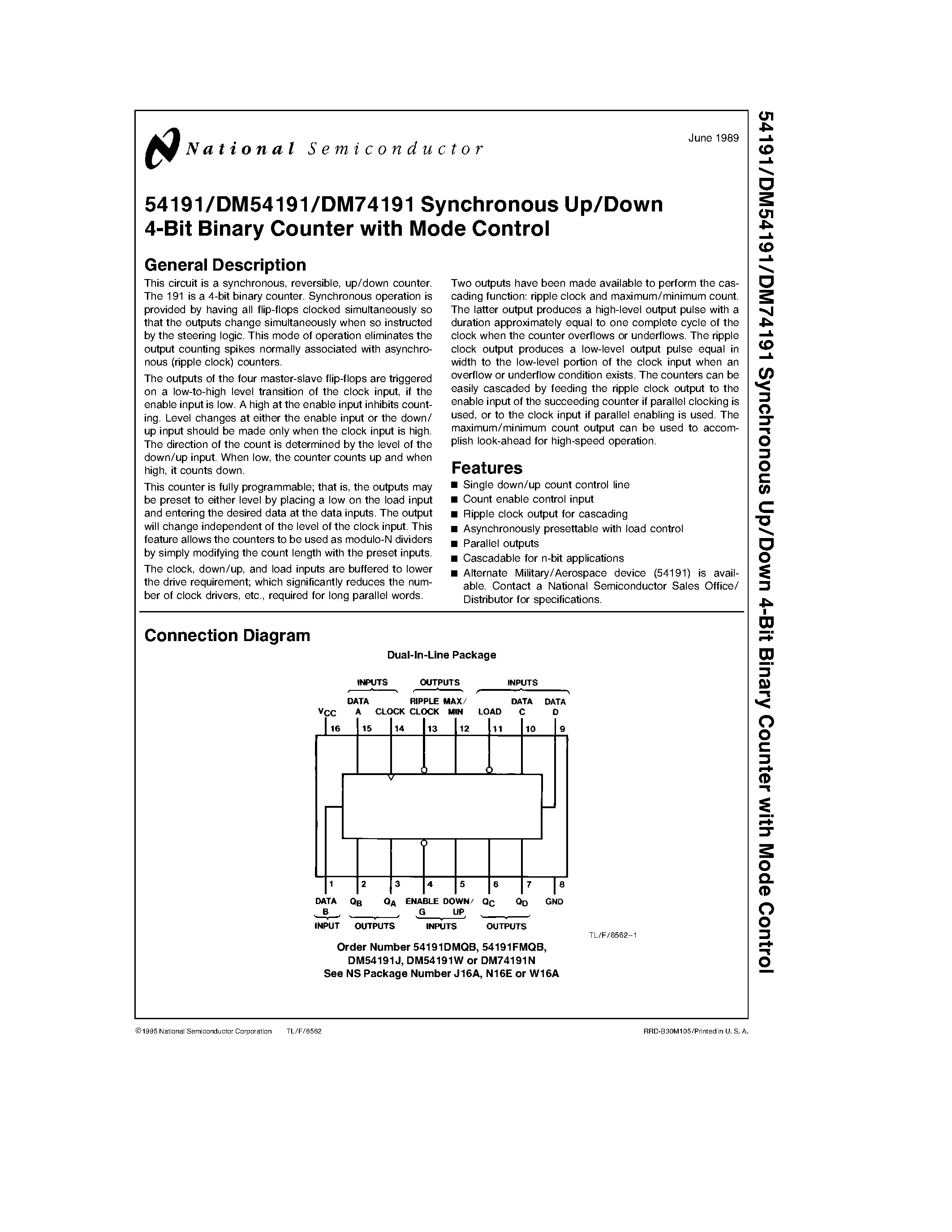 Datasheet DM74191N page 1 Datasheet DM74191N - Synchronous Up/Down 4-Bit Binary Counter with Mode Control page 1