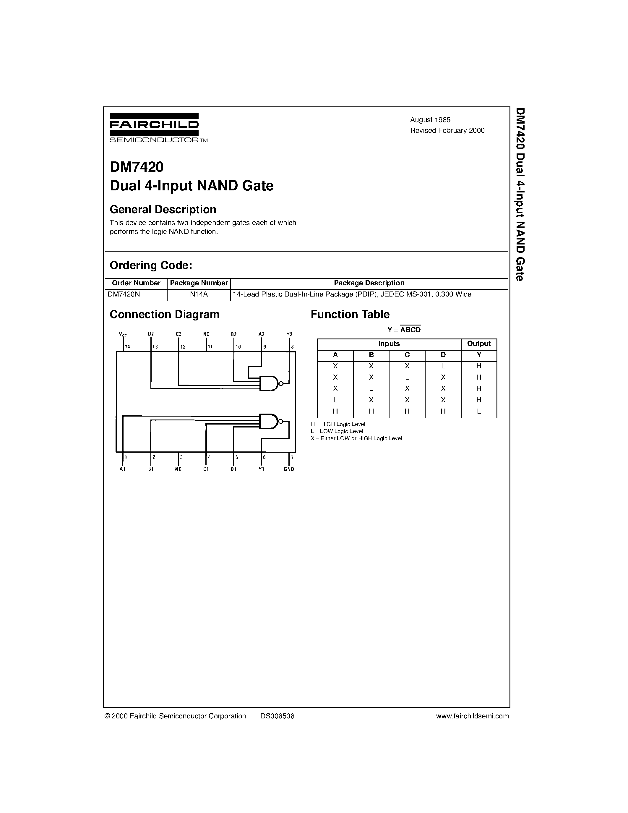 Datasheet DM7420N page 1 Datasheet DM7420N - Dual 4-Input NAND Gate page 1