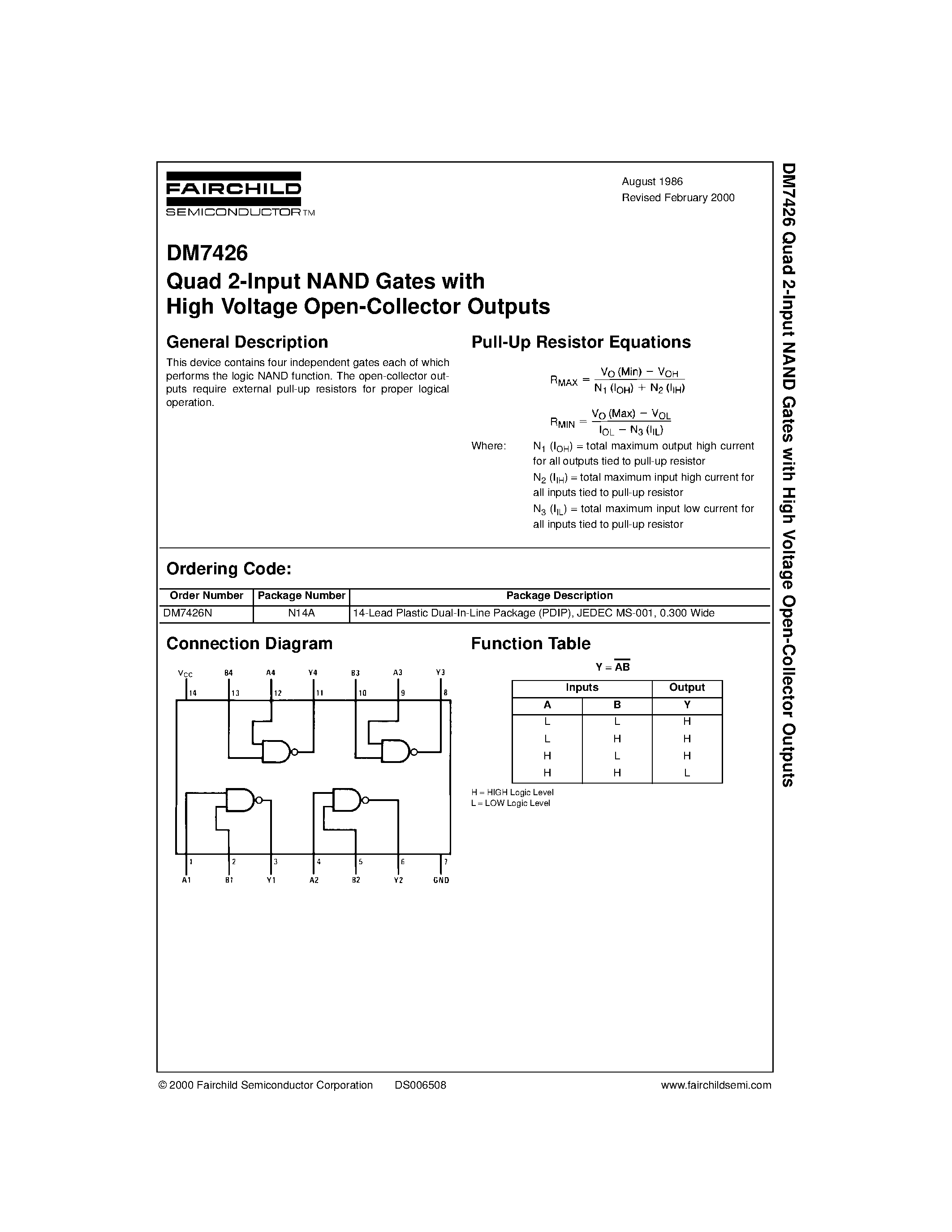 Даташит DM7426N - Quad 2-Input NAND Gates with High Voltage Open-Collector Outputs страница 1