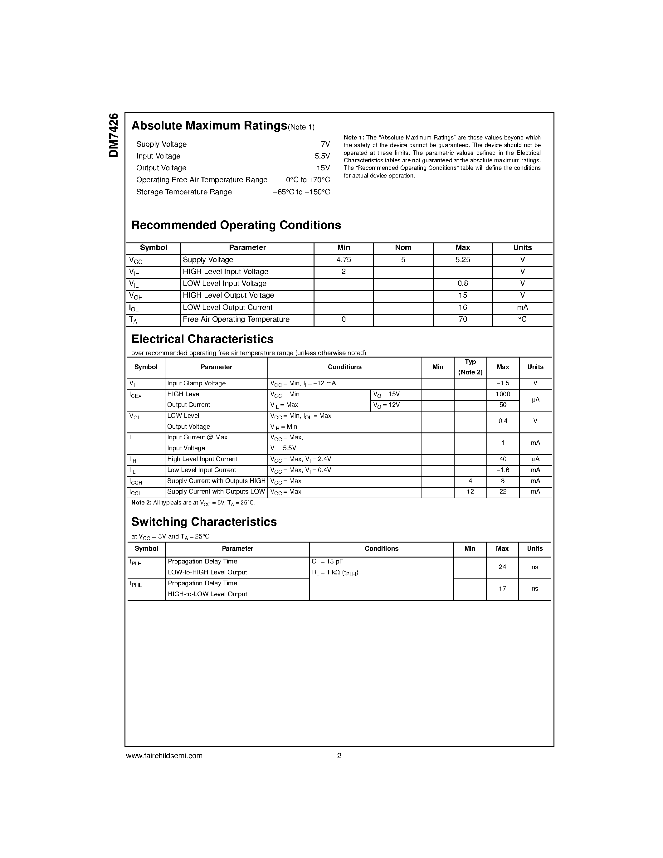 Даташит DM7426N - Quad 2-Input NAND Gates with High Voltage Open-Collector Outputs страница 2