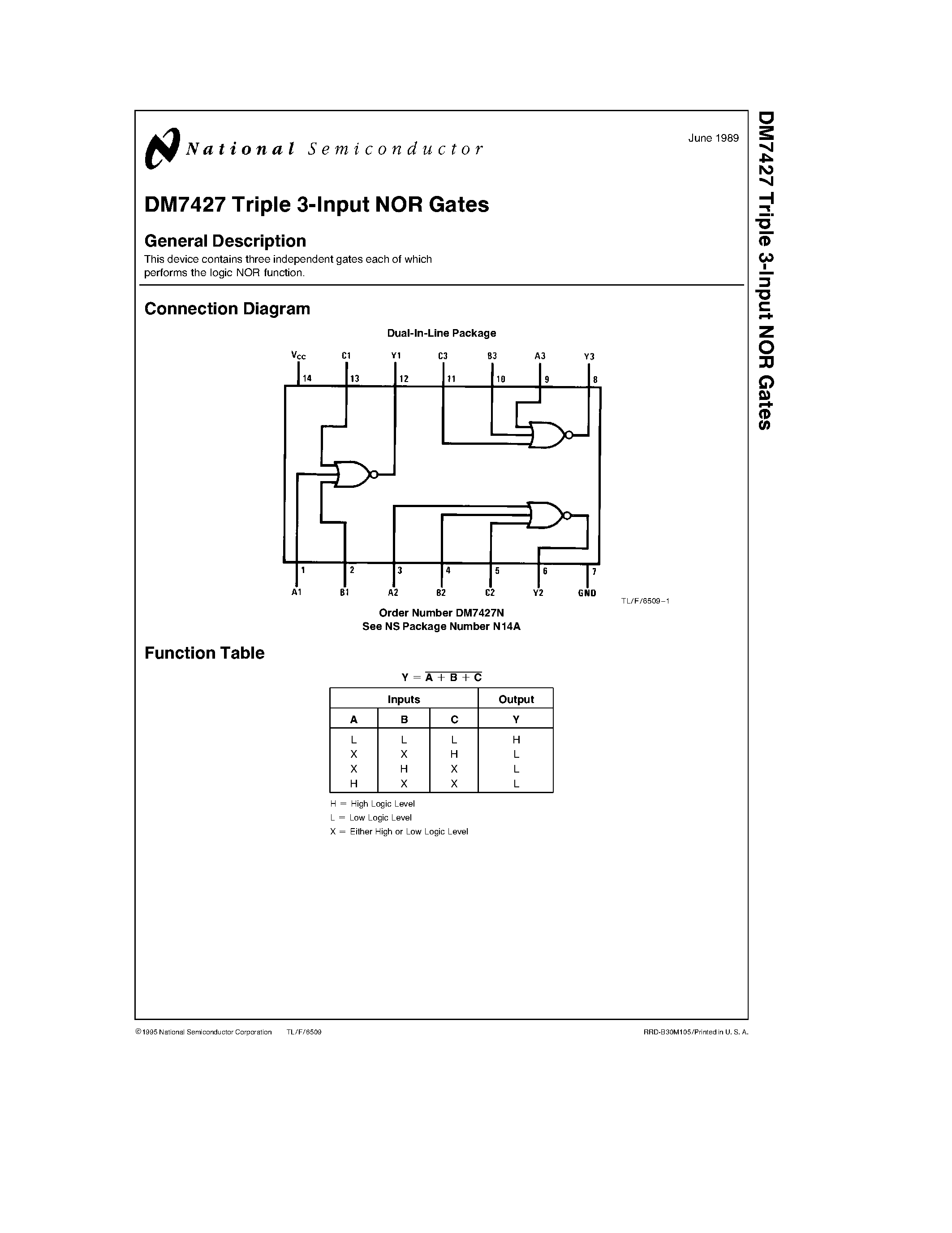 Datasheet DM7427N page 1 Datasheet DM7427N - DM7427 Triple 3-Input NOR Gates page 1