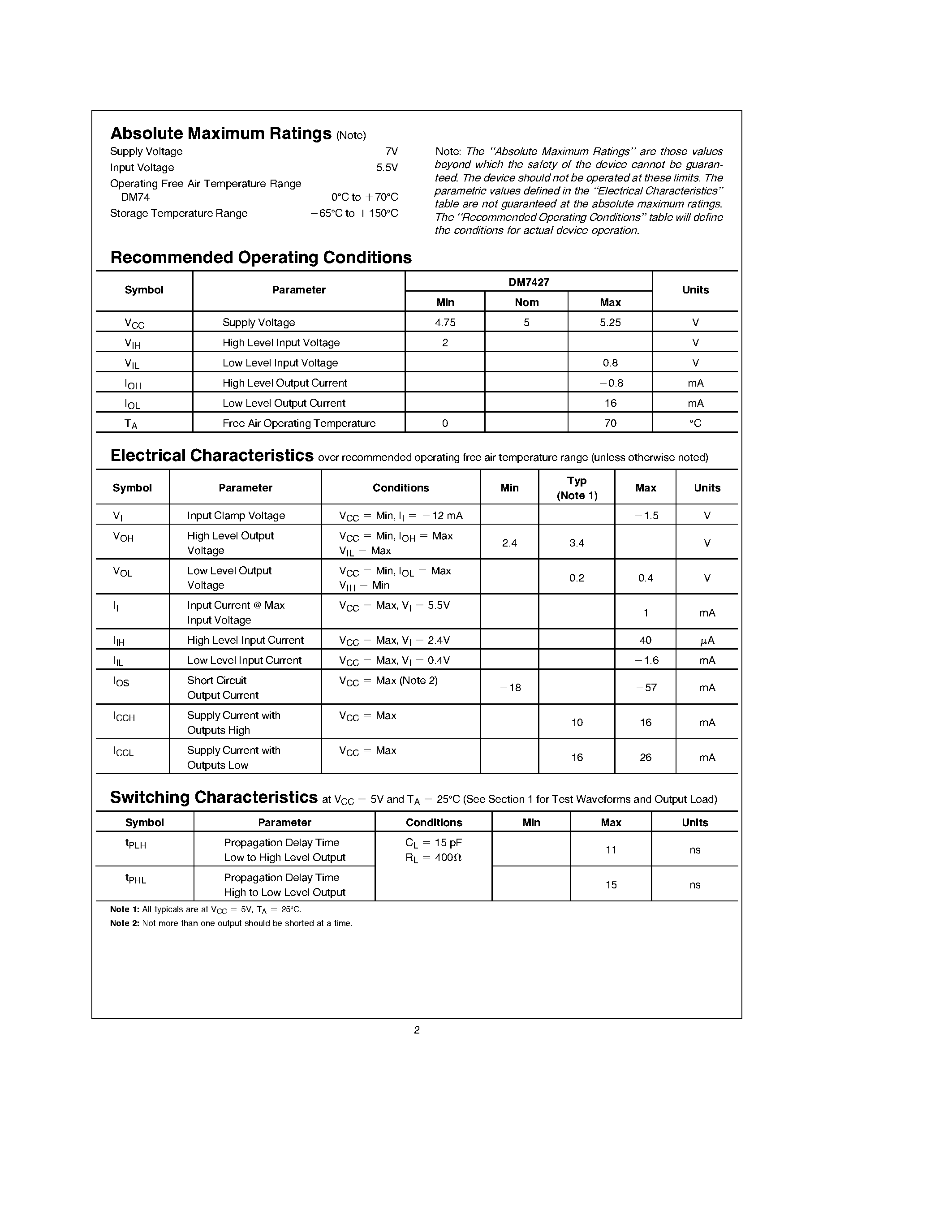 Datasheet DM7427N page 2 Datasheet DM7427N - DM7427 Triple 3-Input NOR Gates page 2