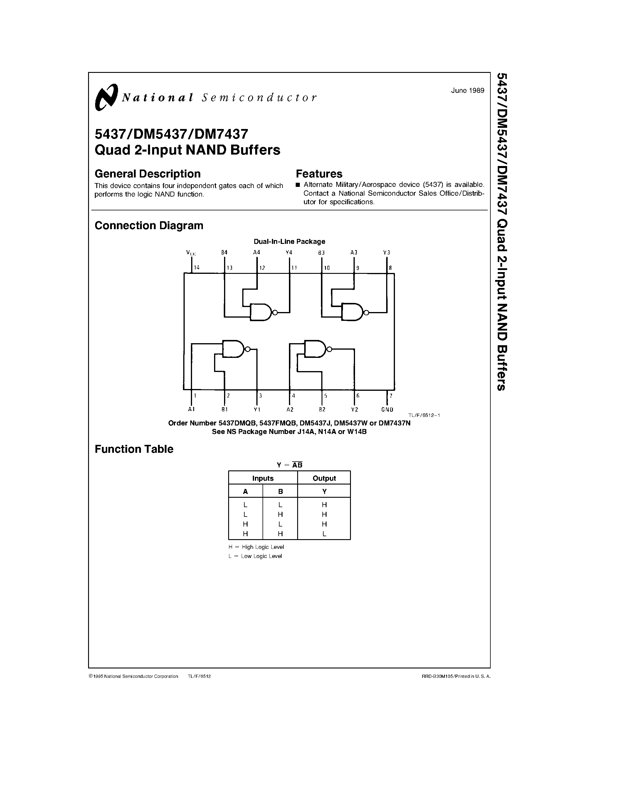 Даташит на микросхему DM7437N страница 1 Даташит DM7437N - Quad 2-Input NAND Buffers страница 1