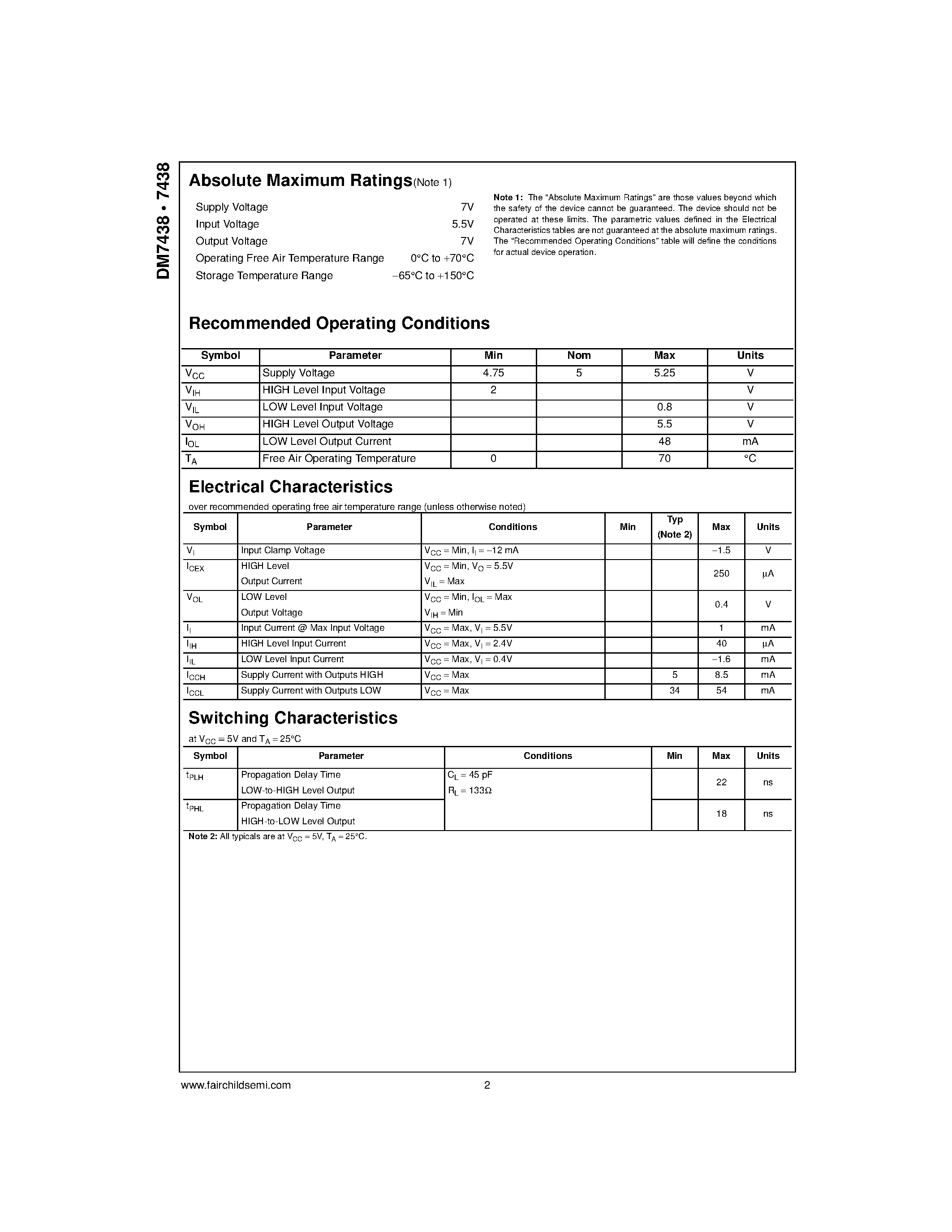 Даташит DM7438N - Quad 2-Input NAND Buffers with Open-Collector Outputs страница 2