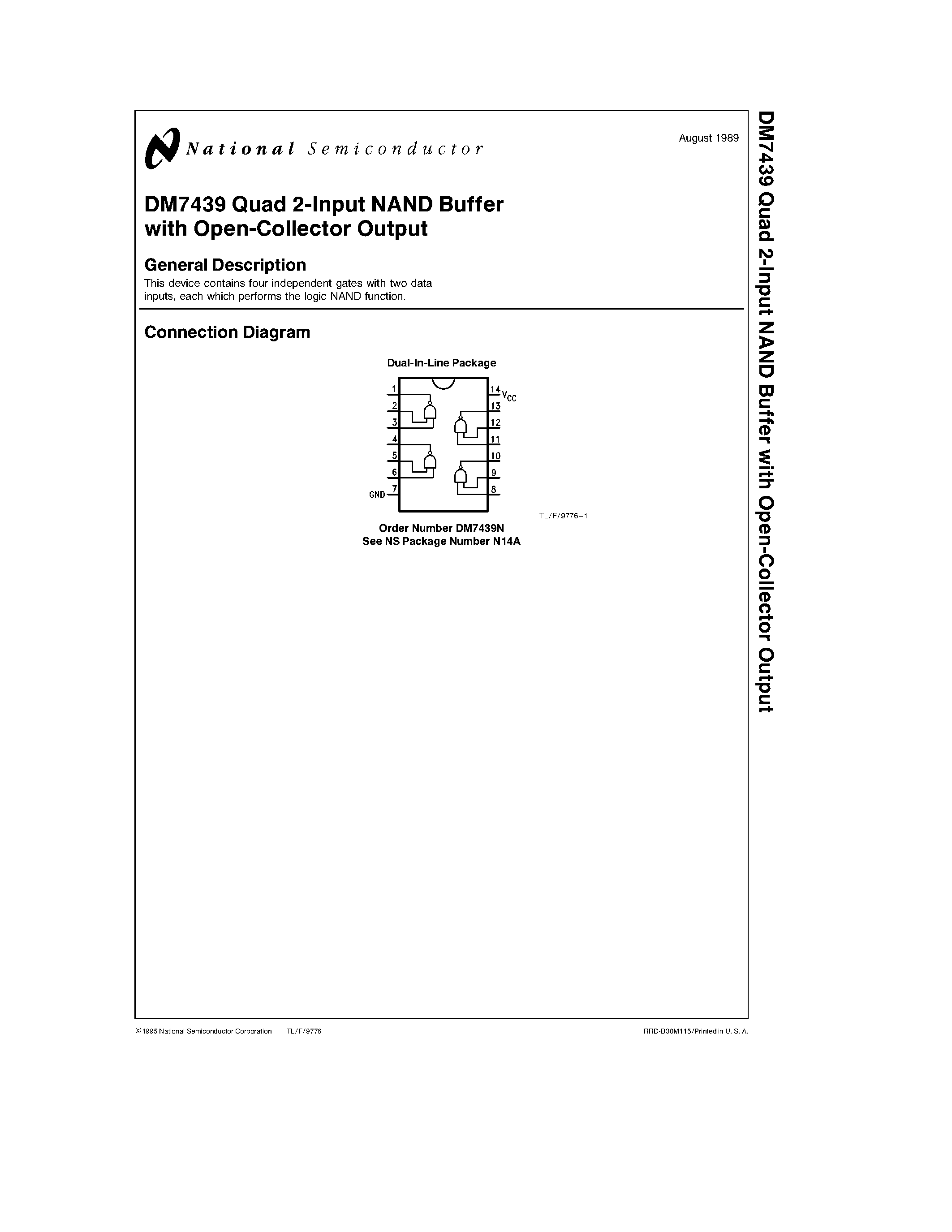Даташит на микросхему DM7439N страница 1 Даташит DM7439N - DM7439 Quad 2-Input NAND Buffer with Open-Collector Output страница 1