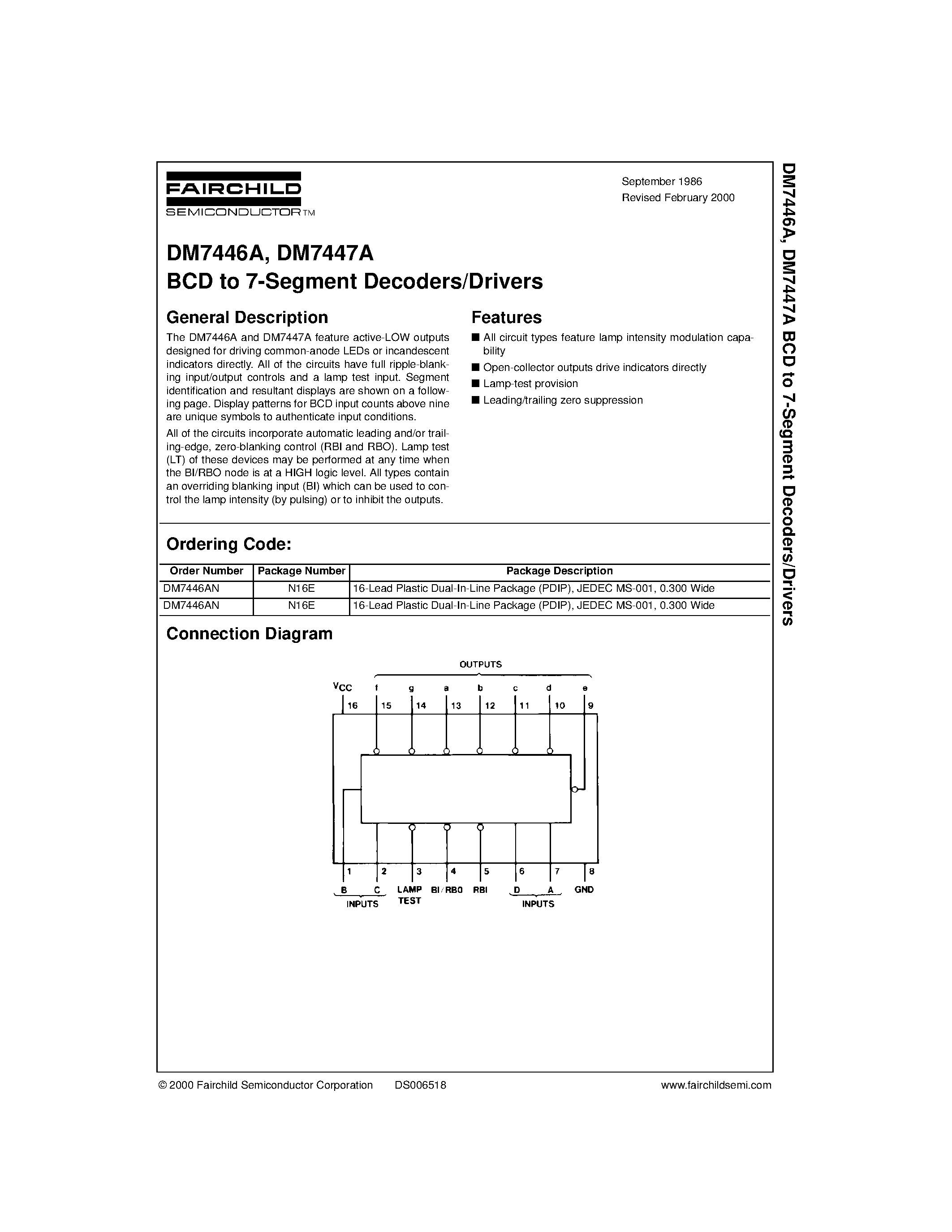 Datasheet DM7446A page 1 Datasheet DM7446A - BCD to 7-Segment Decoders/Drivers page 1