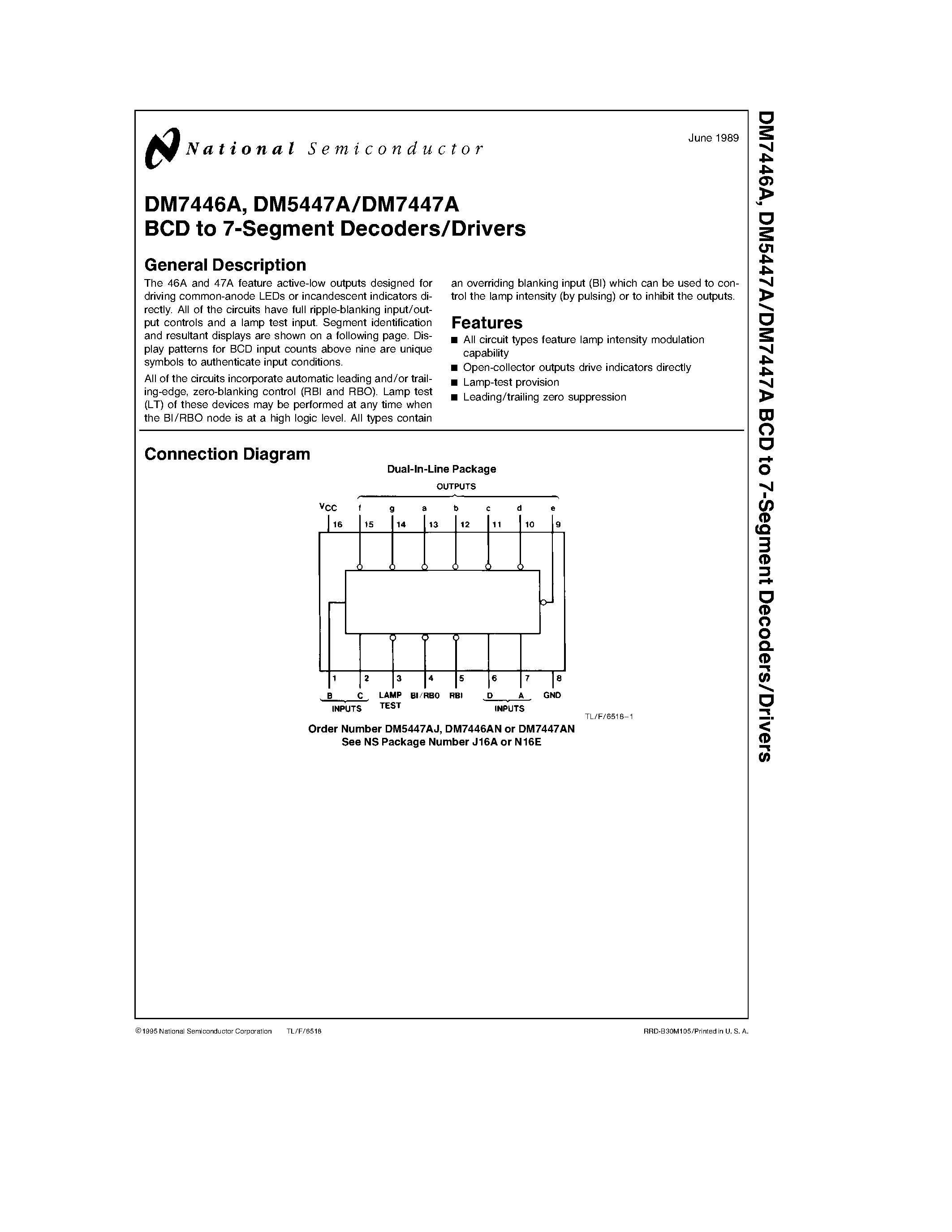 Datasheet DM7447A - BCD to 7-Segment Decoders/Drivers page 1