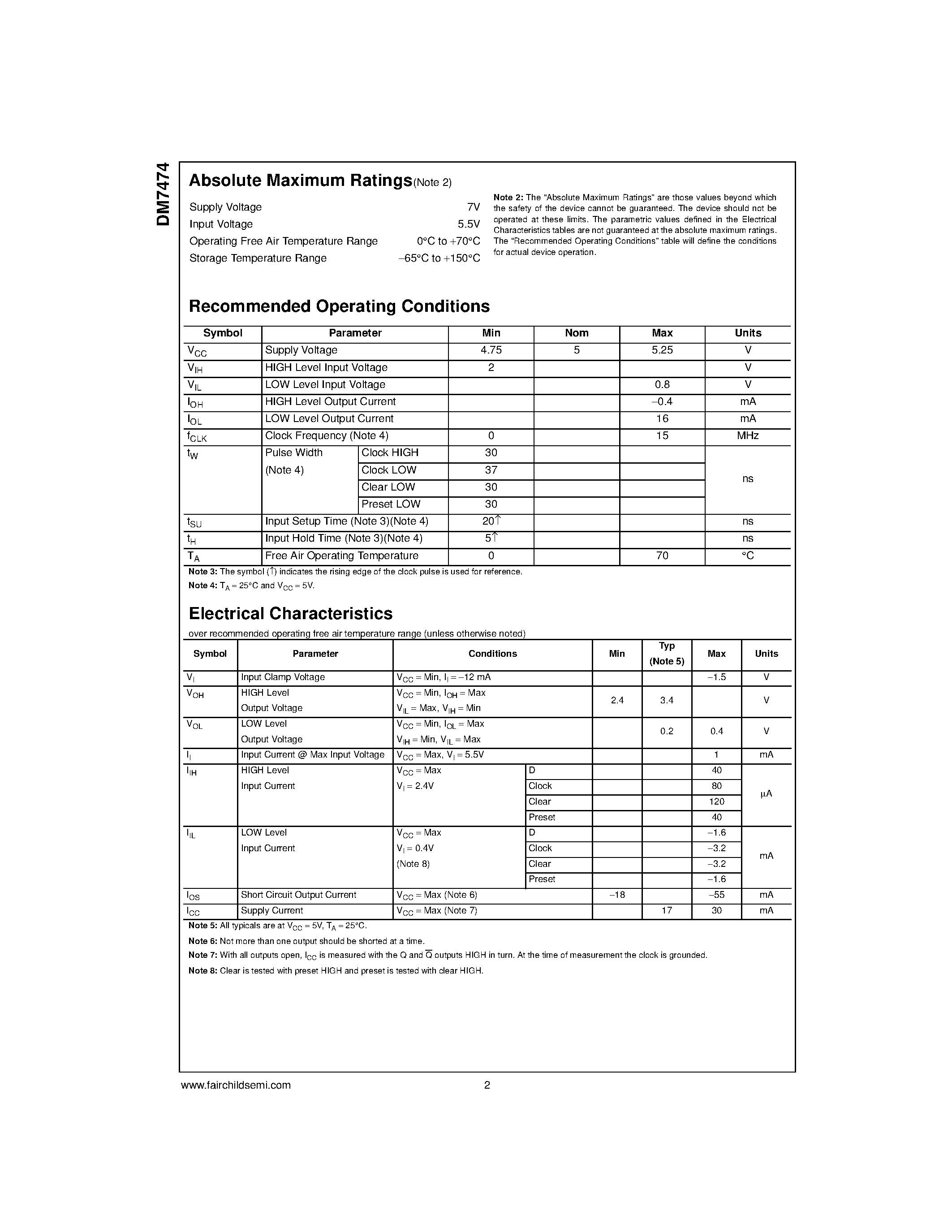 Datasheet DM7474M page 2 Datasheet DM7474M - Dual Positive-Edge-Triggered D-Type Flip-Flops with Preset/ Clear and Complementary Outputs page 2