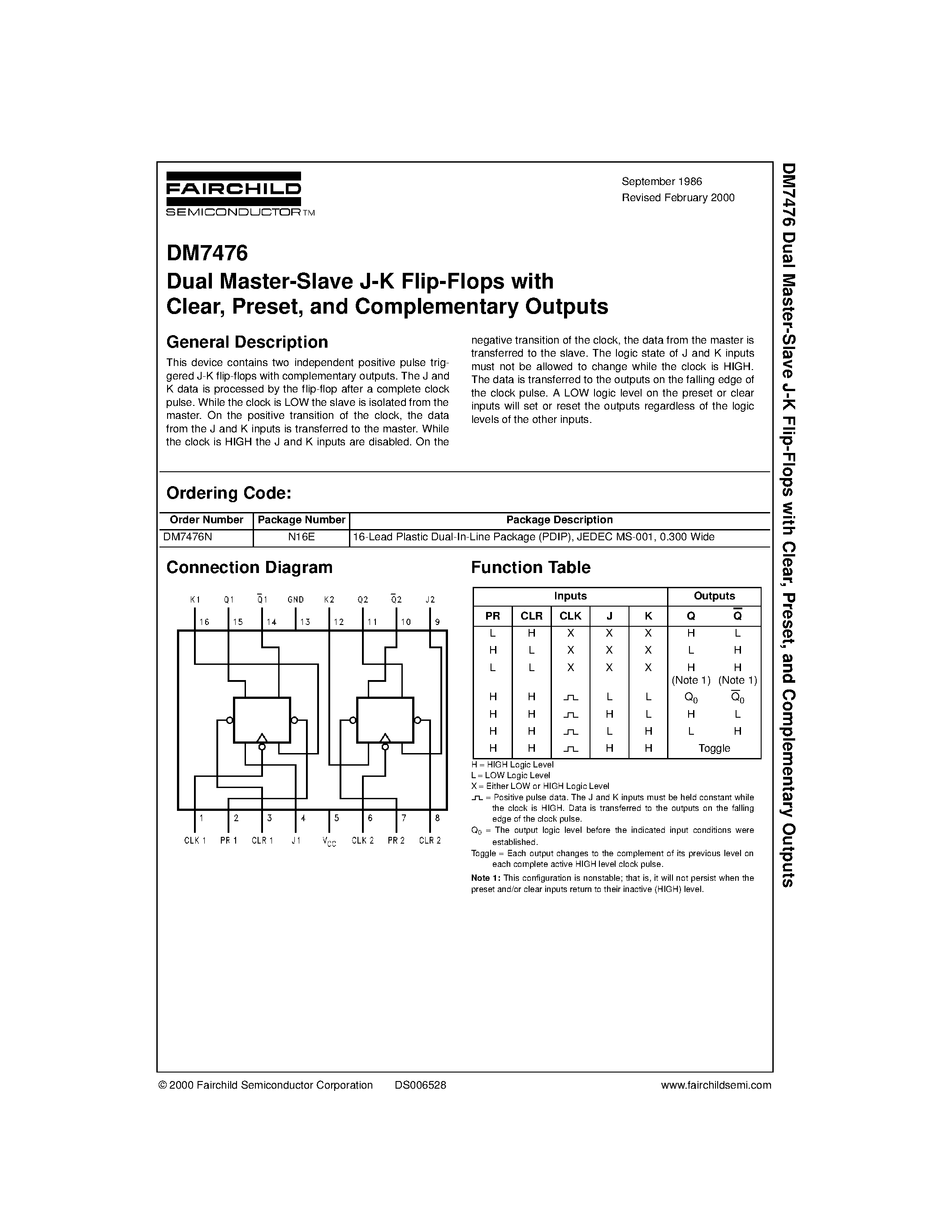 Datasheet DM7476 - Dual Master-Slave J-K Flip-Flops with Clear/ Preset/ and Complementary Outputs page 1