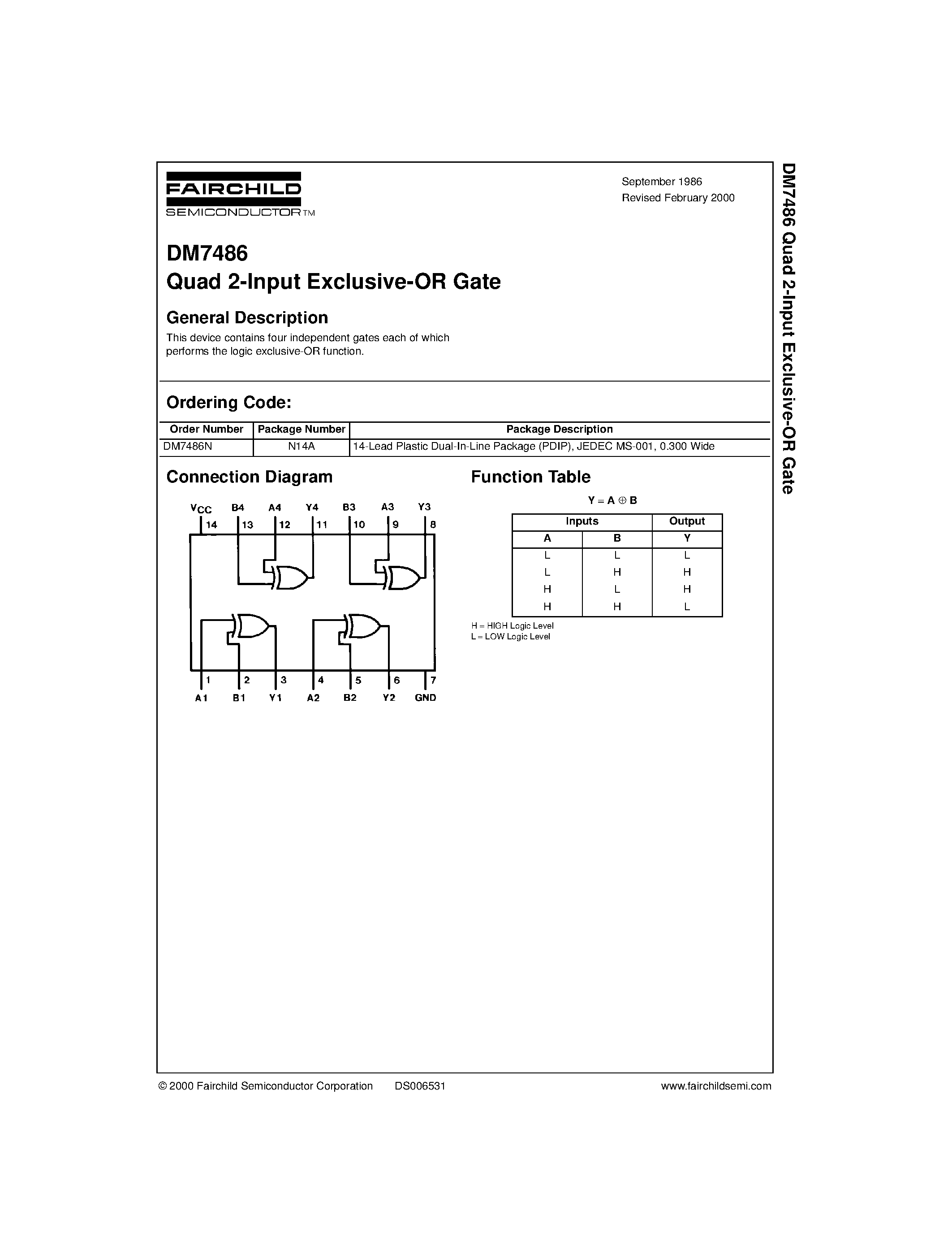 Даташит DM7486N - Quad 2-Input Exclusive-OR Gate страница 1